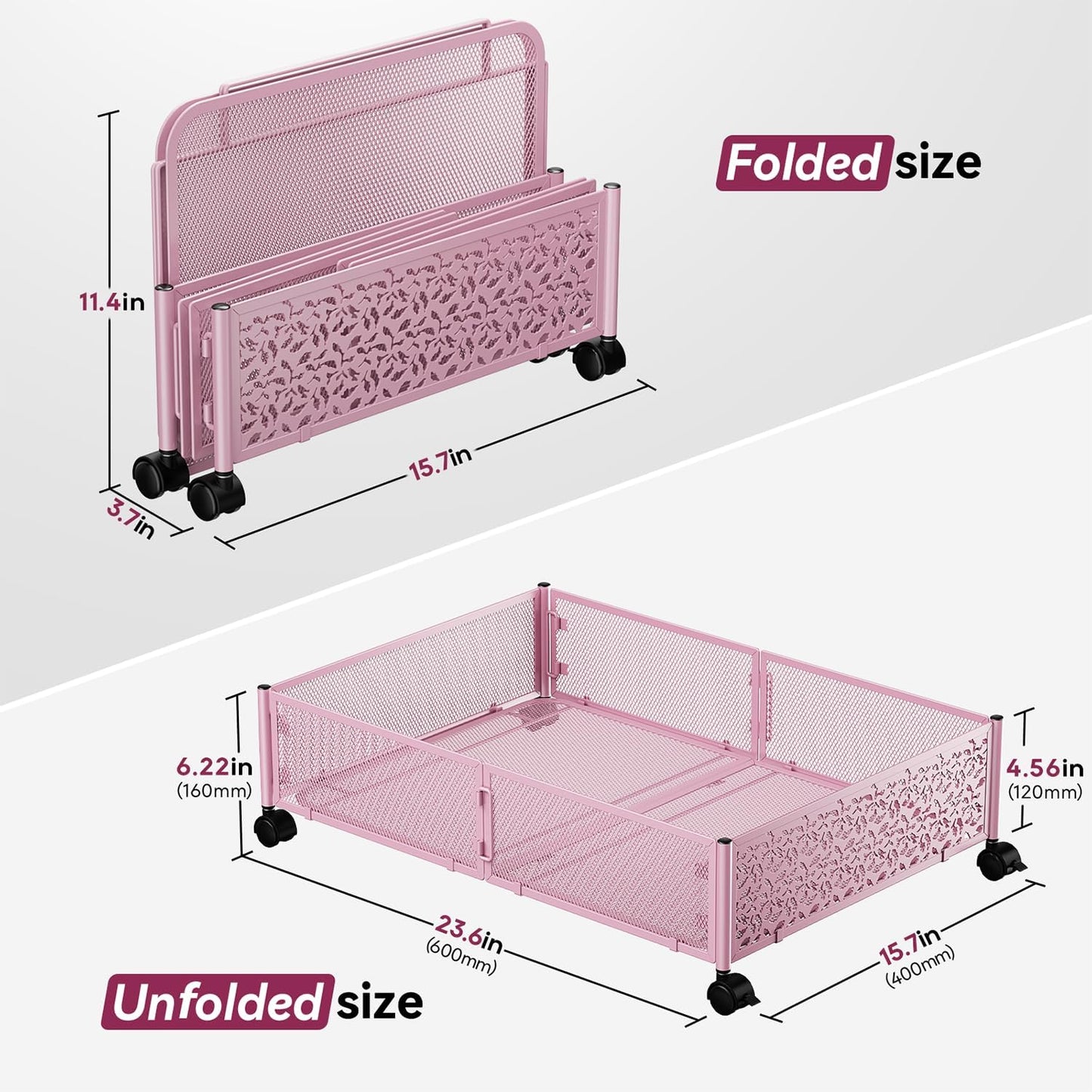 Under the Bed Storage Containers with Wheels, Under Bed Storage, Under Bed Shoe Storage Organizer Drawer, Tool-free Assembly Metal Underbed Storage Containers -Pink