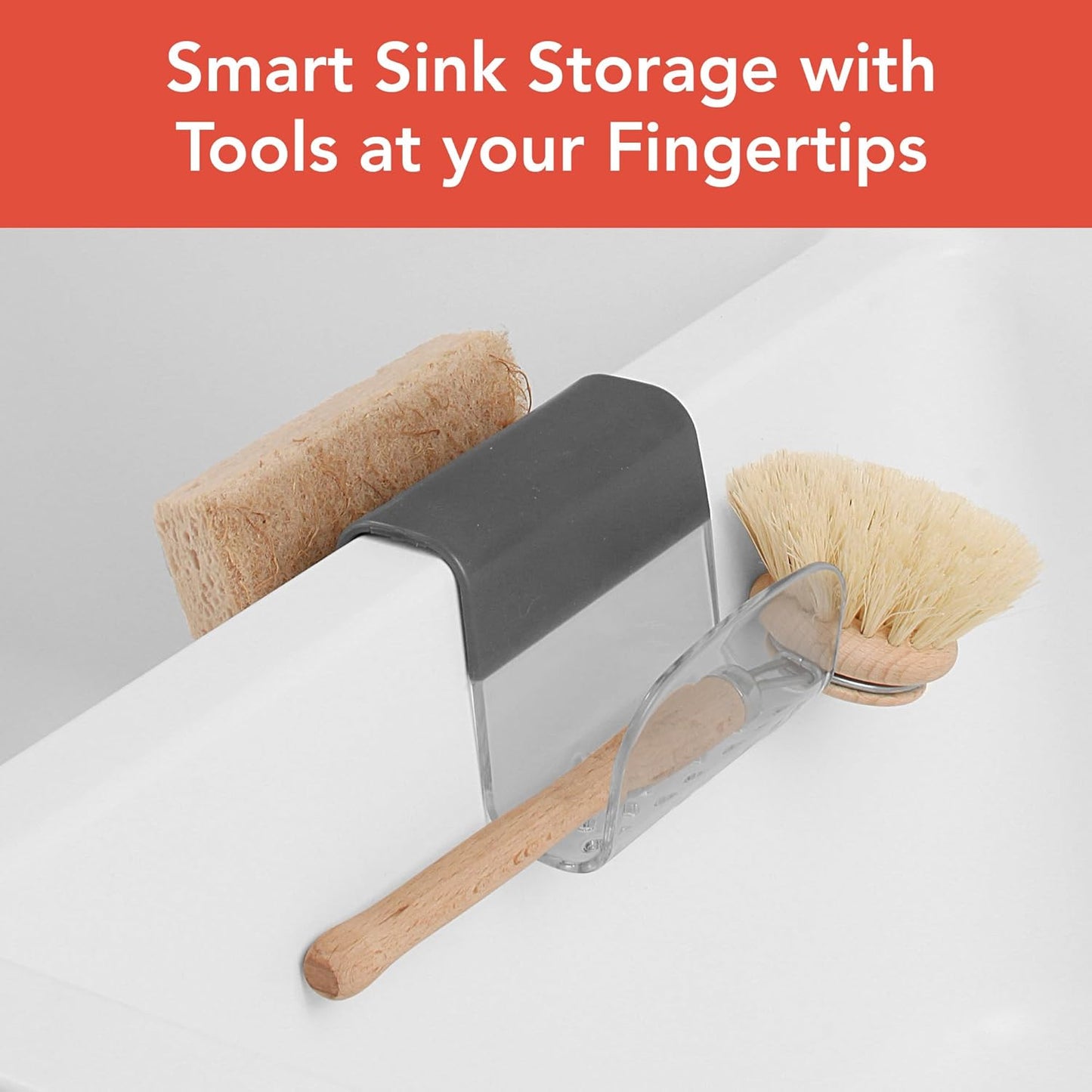 Spectrum Sink Saddle for Kitchen Sink Gray Slate Tint Sponge and Brush Holder Organizer, Dish Brush and Sponges Plastic Saddle Caddy for Double Sink Storage with Drain Holes for Quick Drying