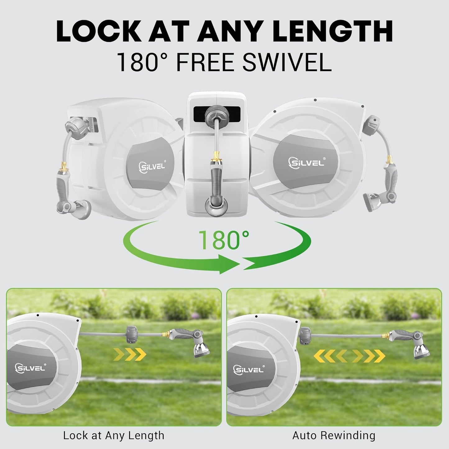 SILVEL Retractable Garden Hose Reel, 1/2 in x 100ft Wall Mount Heavy Duty Automatic Hose Reel with 10 Pattern Nozzle, Any Length Lock & Slow Return System, 180°Swivel Bracket Upgraded UV Resistant