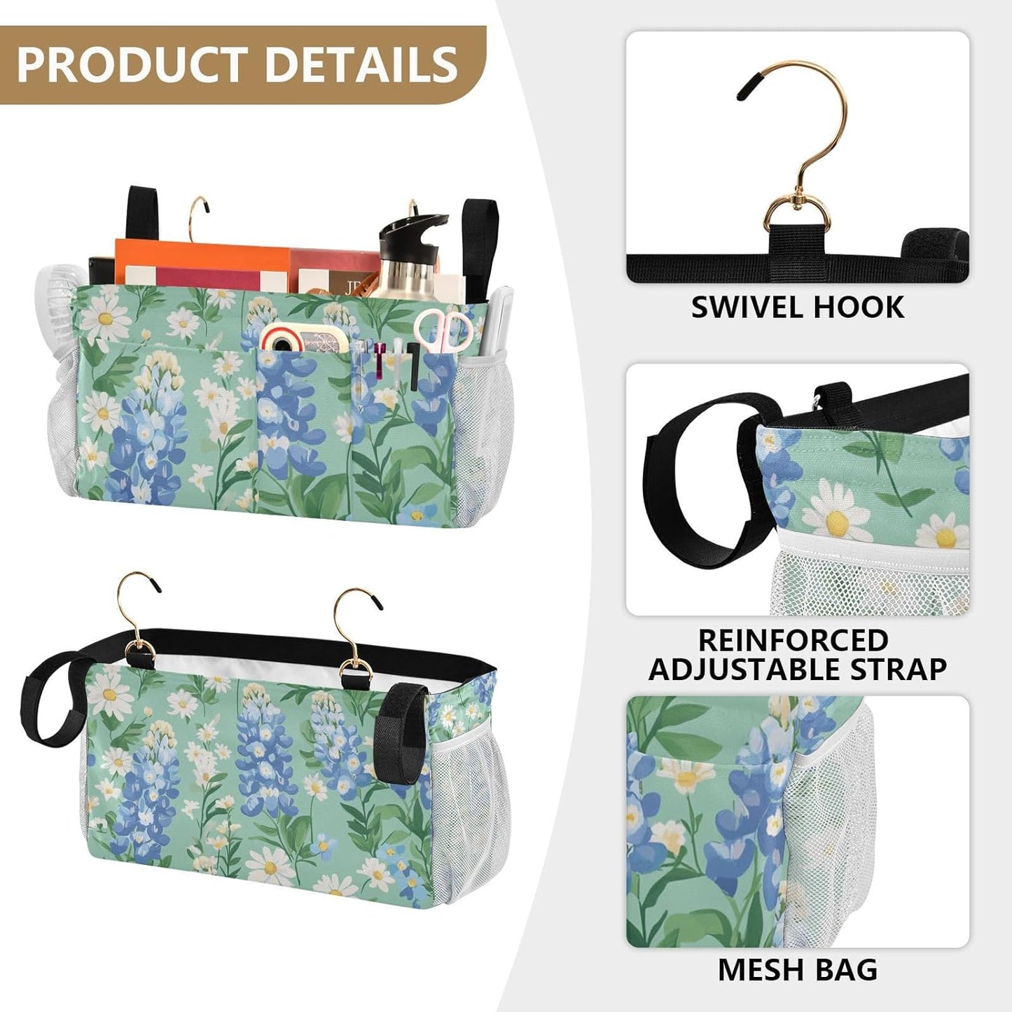 Mint Green Bluebonnet and Daisies Bedside Caddy for Dorm Bed Bedside Hanging Caddy Bag Iron Frame Storage Organizer Pocket for Bunk Home College Hospital Beds 2 Hooks