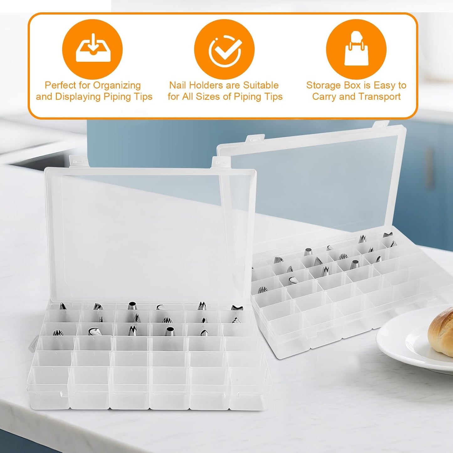 2 Pack Piping Tip Organizer Box, 36 Grids Storage Container with Adjustable Dividers, Made with Clear Plastics, Compartment Container for Cake Decorating Tools, Baking Tools, Jewelry, Beads and Crafts