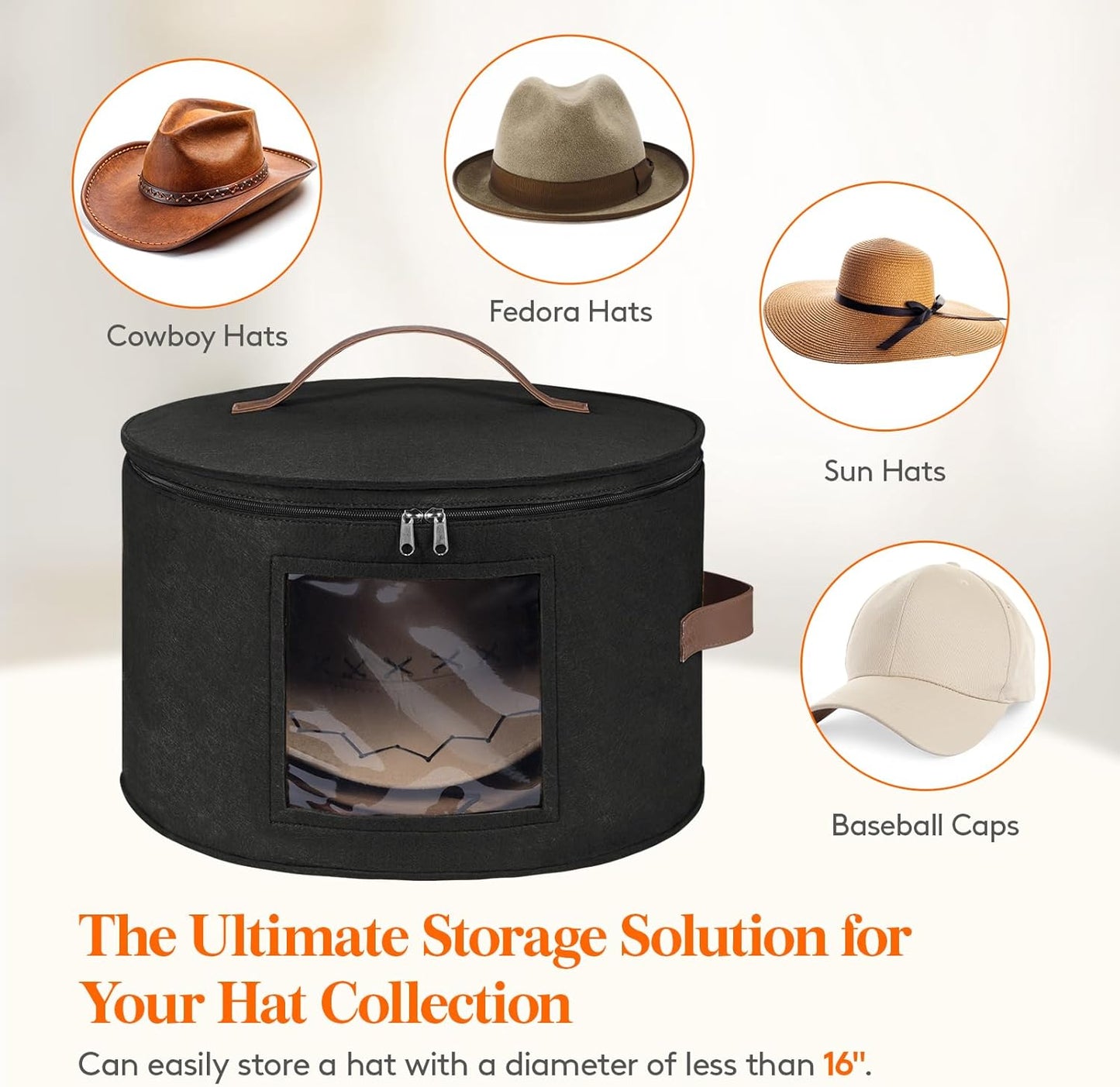 Lifewit Round Cowboy Hat Box for 7 Caps, Large Felt Hat Organizer Bag for Men & Women Storage, Baseball Cap Container with Dustproof Lid for Travel, Foldable 16.5" D x 10.6" H Carrier, 2 Pack, Black