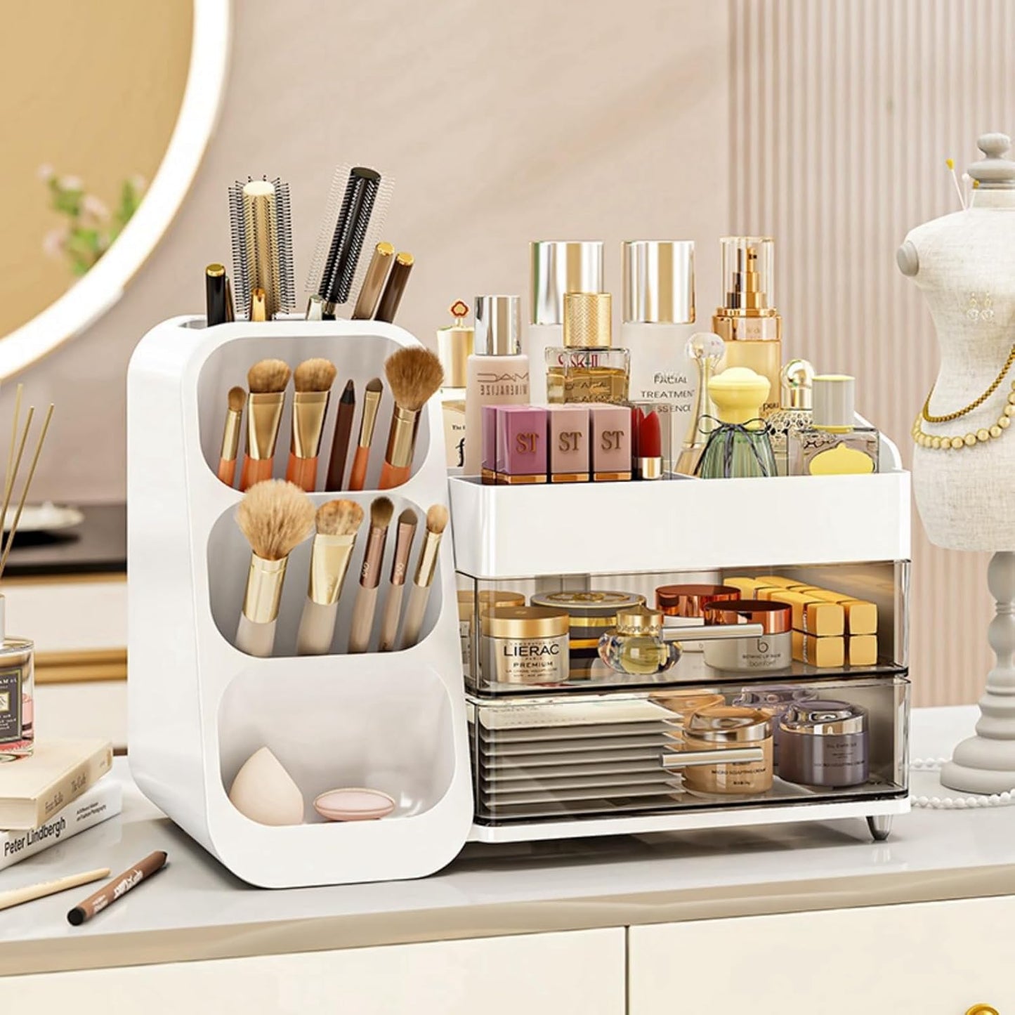 Makeup Organizer with Drawers,Large Capacity Countertop Organizer for Vanity,Bathroom and Bedroom Desk Cosmetics Organizer,Easy To Storage Skincare,Brushes,Lotions,Lipstick (White)