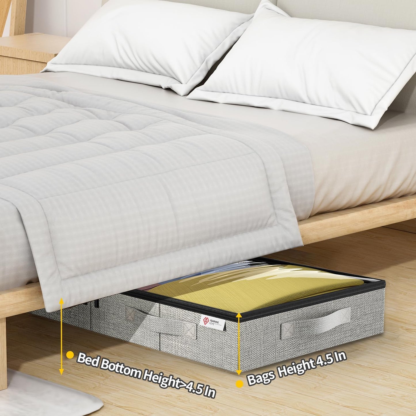4.5 Inches Under Bed Storage Containers with Sturdy Sidewalls/Bottom and Reinforced Handles，Low Profile Underbed Storage for Clothes,Shoes,Pillows and Blankets with Zips and Clear Windows,2 Pack