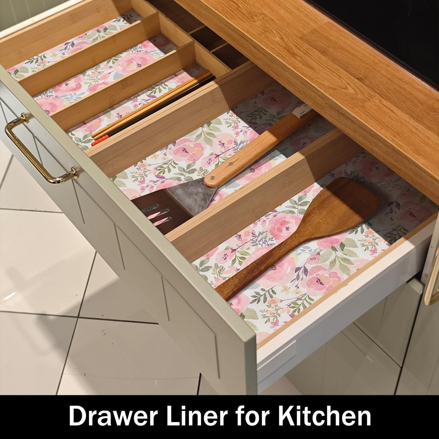 Peach Peony Shelf and Drawer Liner 12IN x 20FT,Non-Adhesive and Strong Non-Slip Floral Cabinet Drawer Liners for Kitchen Shelf, Waterproof Cupboard Liners,Easy to Clean