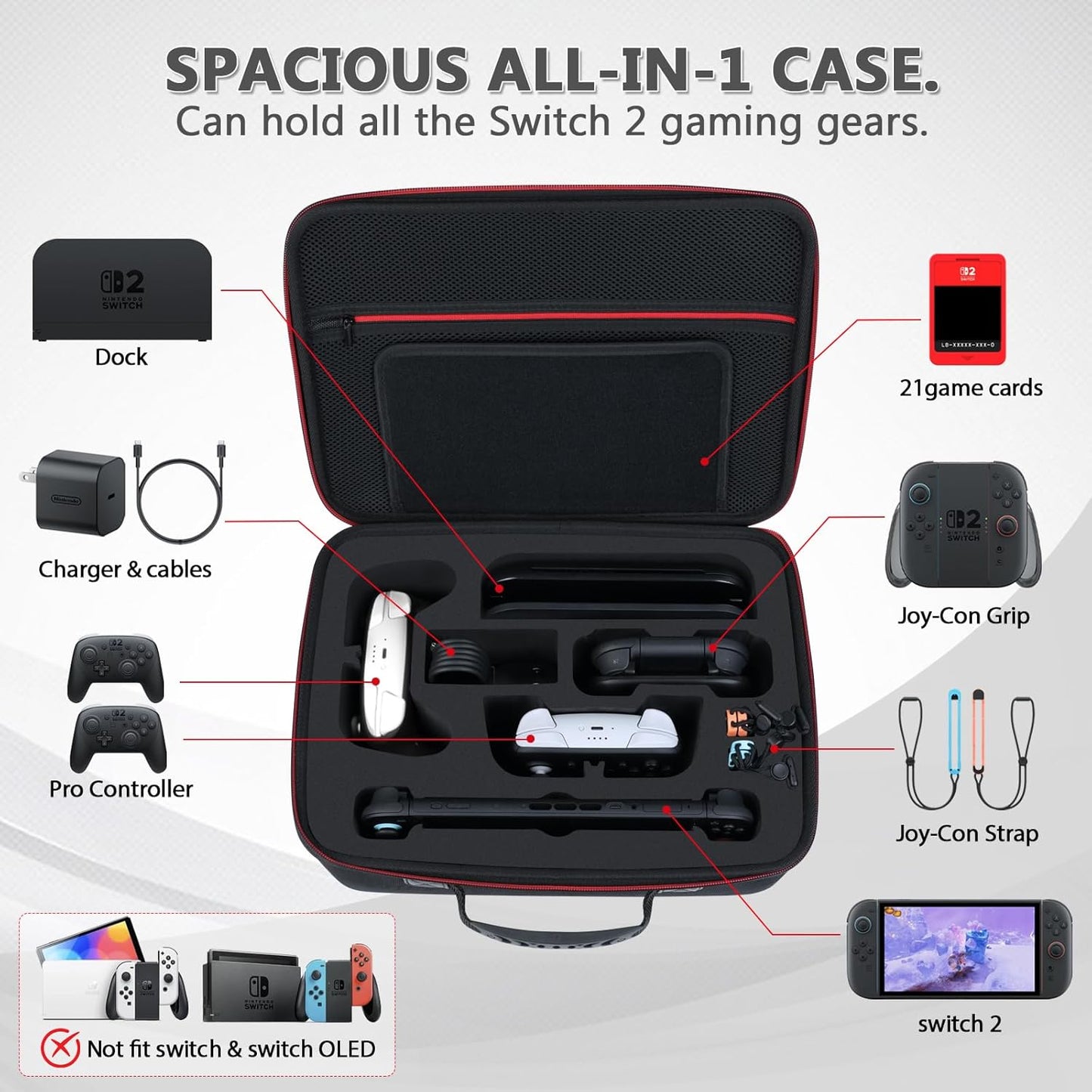 WPGEAR Hard Carrying Case Compatible with Nintendo Switch 2 (2025), Travel Bag Holds Switch 2 Console, Pro Controller x 2, Joy-Con Grip, Dock, Power Adapter, 21 Games, Cables and Accessories