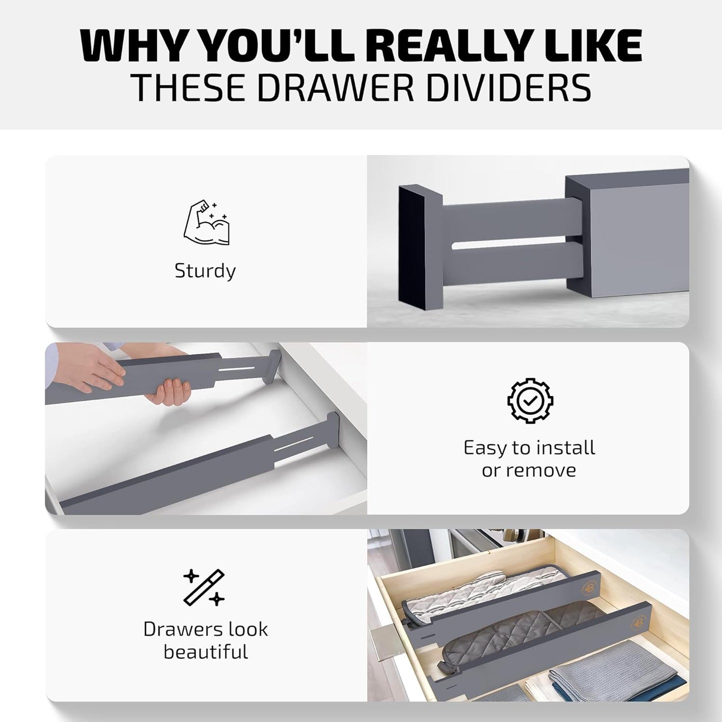 Bambüsi 4 Pack Drawer Dividers - 2.6" High, 16-22" Adjustable Bamboo Drawer Organizers for Clothes, Expandable Dresser Separators in Bedroom/Bathroom/Kitchen/Office Organization and Storage (Grey)