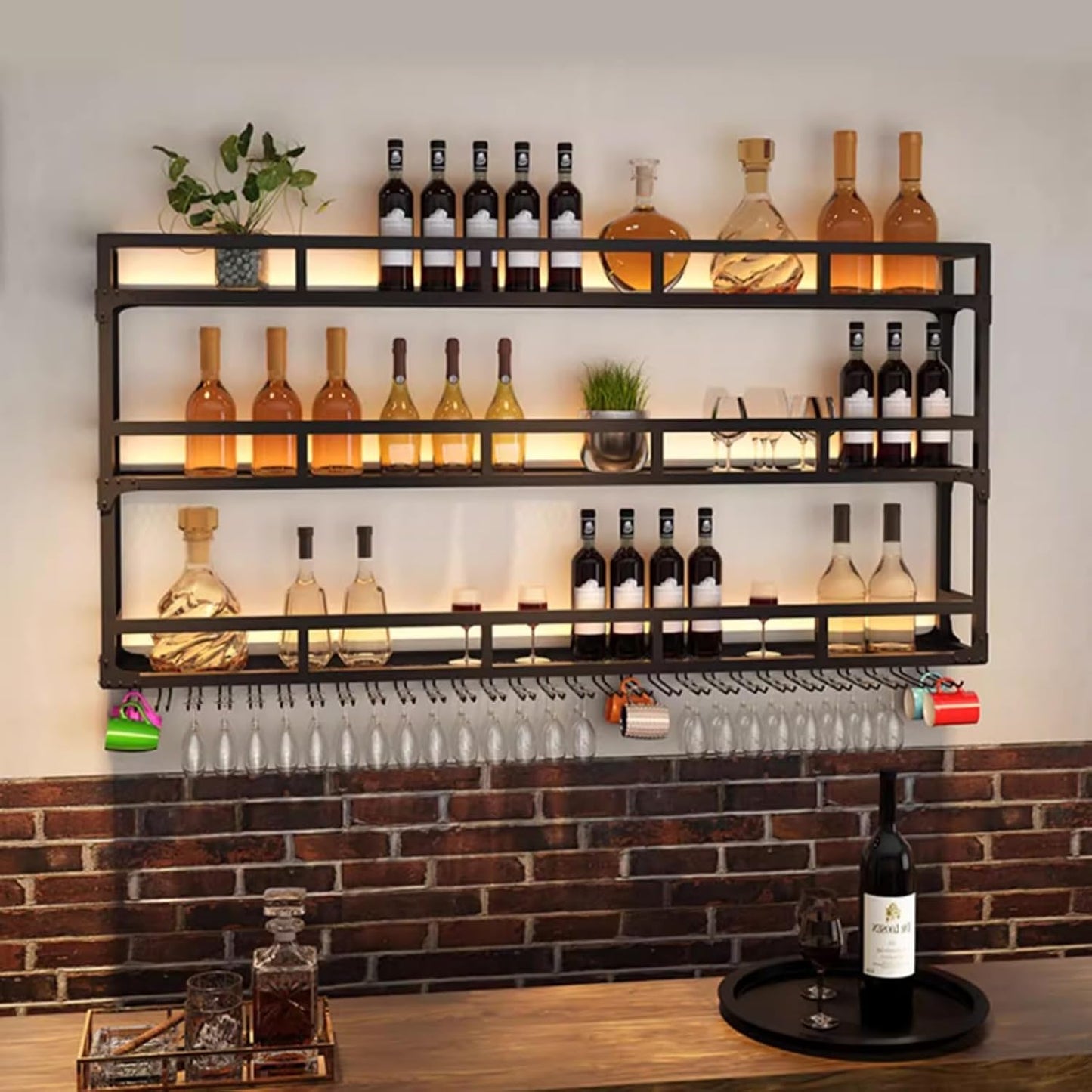 70.8in Wall Mounted Wine Rack, Wine Rack Wall Mounted with Wine Glass Rack, Metal Bar Bottle Display Shelf Wine Cups Hanging Holder, for Home Bar Cafe Decoration (Black, 70.8 * 10 * 35.5IN)