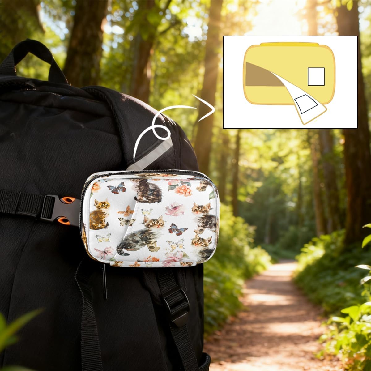 Watercolor Cute Cats Butterflies Pill Organizer Travel Medicine Case with Zipper Daily Vitamin Storage Bag Portable 8 Slot Weekly Pill Box Supplement Holder for Home Office Gym Travel