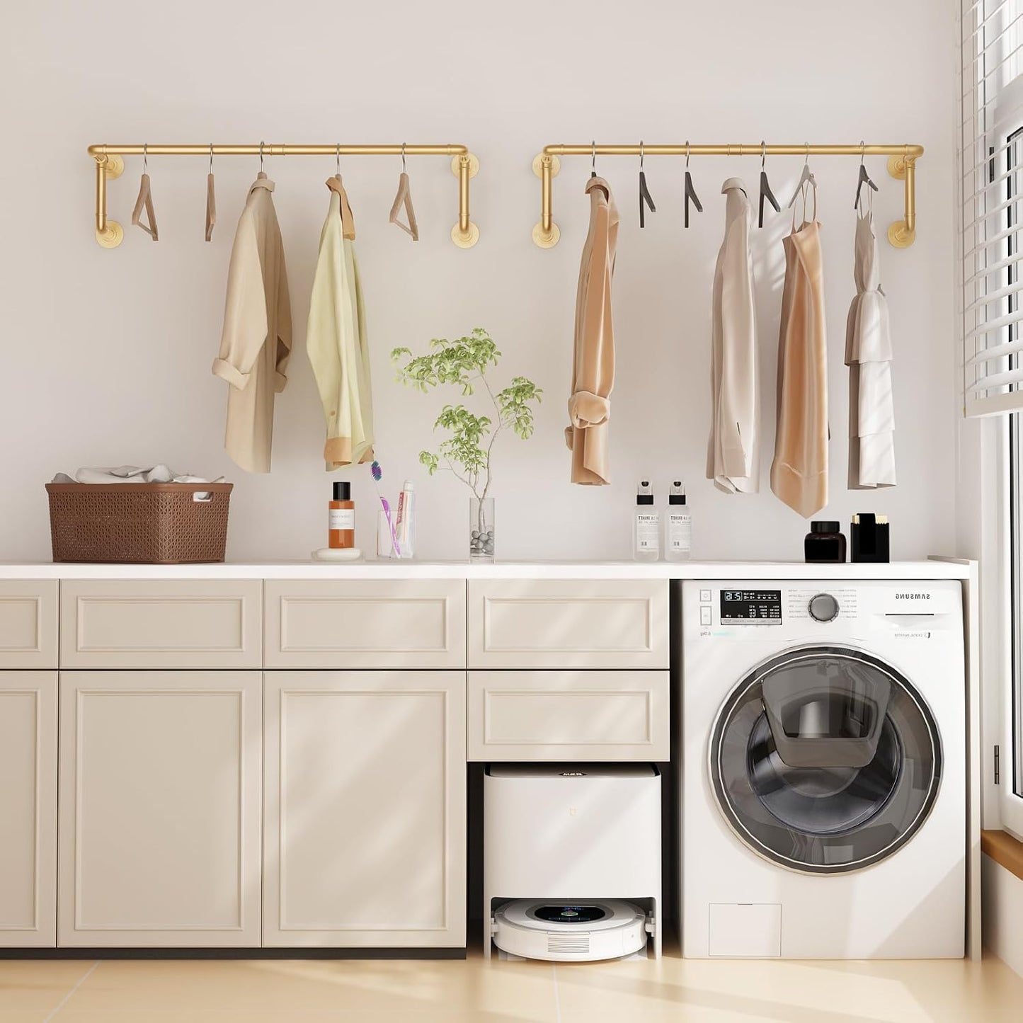 Industrial Pipe Clothing Racks 2 Pack, 36.2In Wall Mounted Clothes Rack, Gold Wall Clothing Racks for Hanging Clothes, Space Saving Closet Hanging Rod for Laundry Room, Bedroom