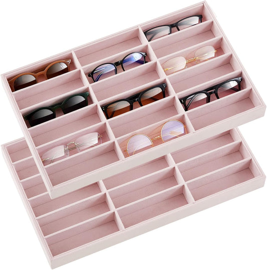Amylove 2 Pcs Sunglass Organizer Trays Glasses Stackable Jewelry Trays Sunglass Organizer Display Box (18 Grids,Pink)