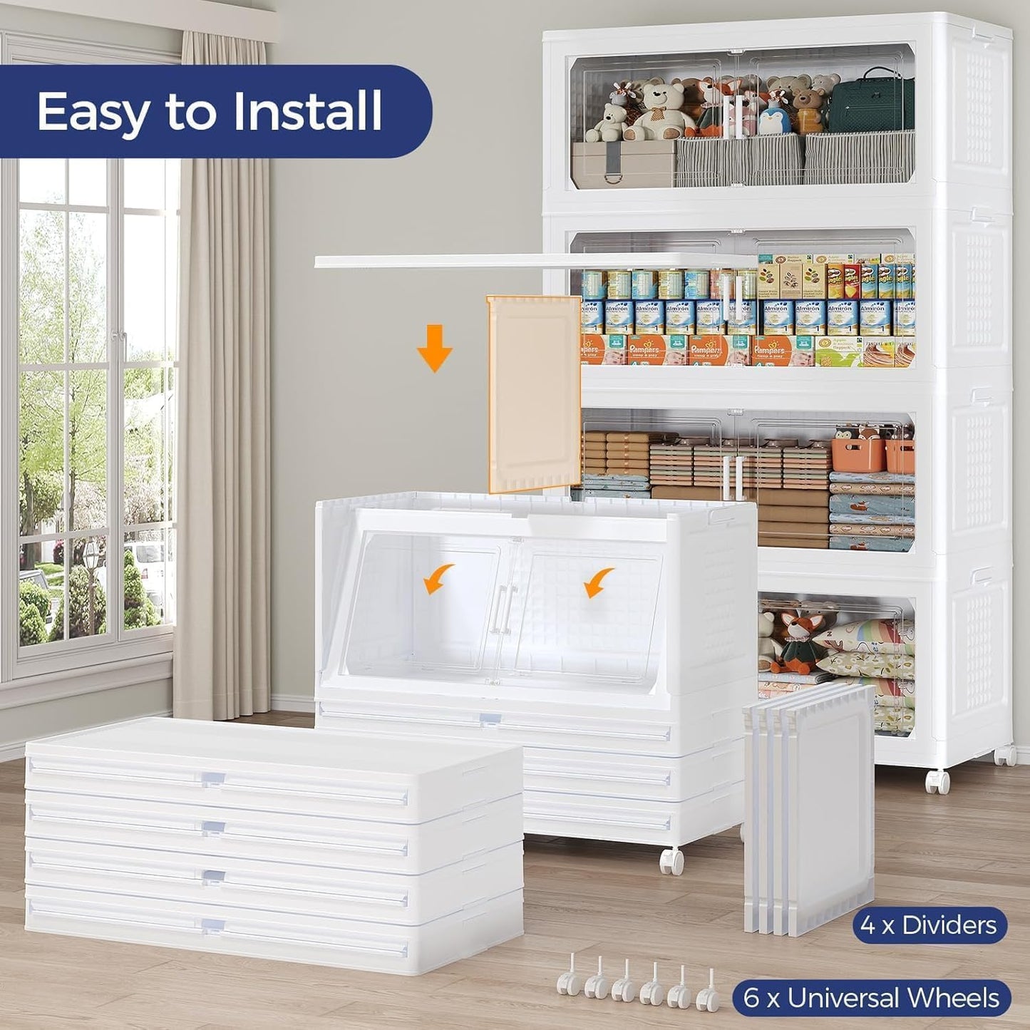 200Gal Stackable Storage Bins with Lid, 800Qt Extra Large Collapsible Storage Box with Wheels, Dividers, Folding Plastic Cabinet Closet Organizers for Home Kitchen Office Dorm, 4Pack White