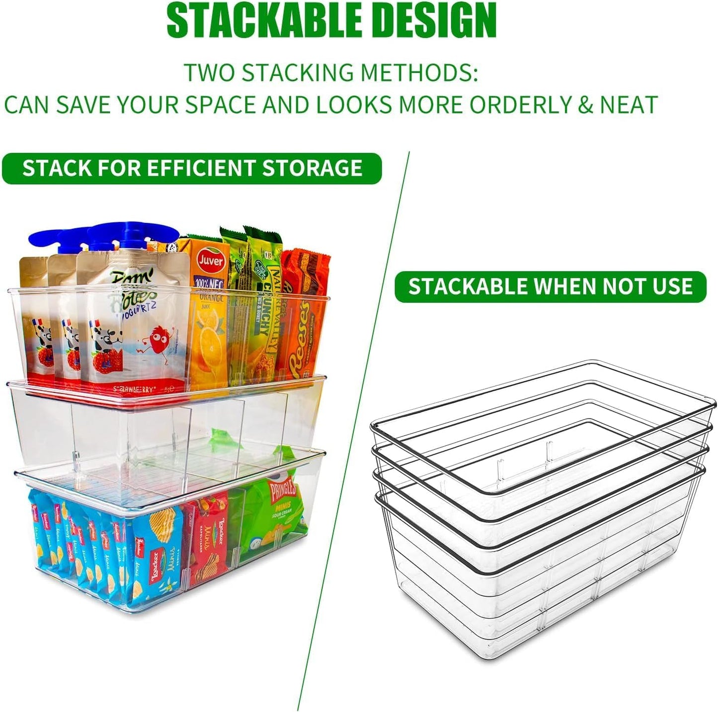 4 Pack Pantry Organizers and Storage,Snack Containers with 3 Dividers for Kitchen,Fridge,Refrigerator Organization and Storage,Clear Plastic Organizer Bins for Spice,Tea bag,Seasoning