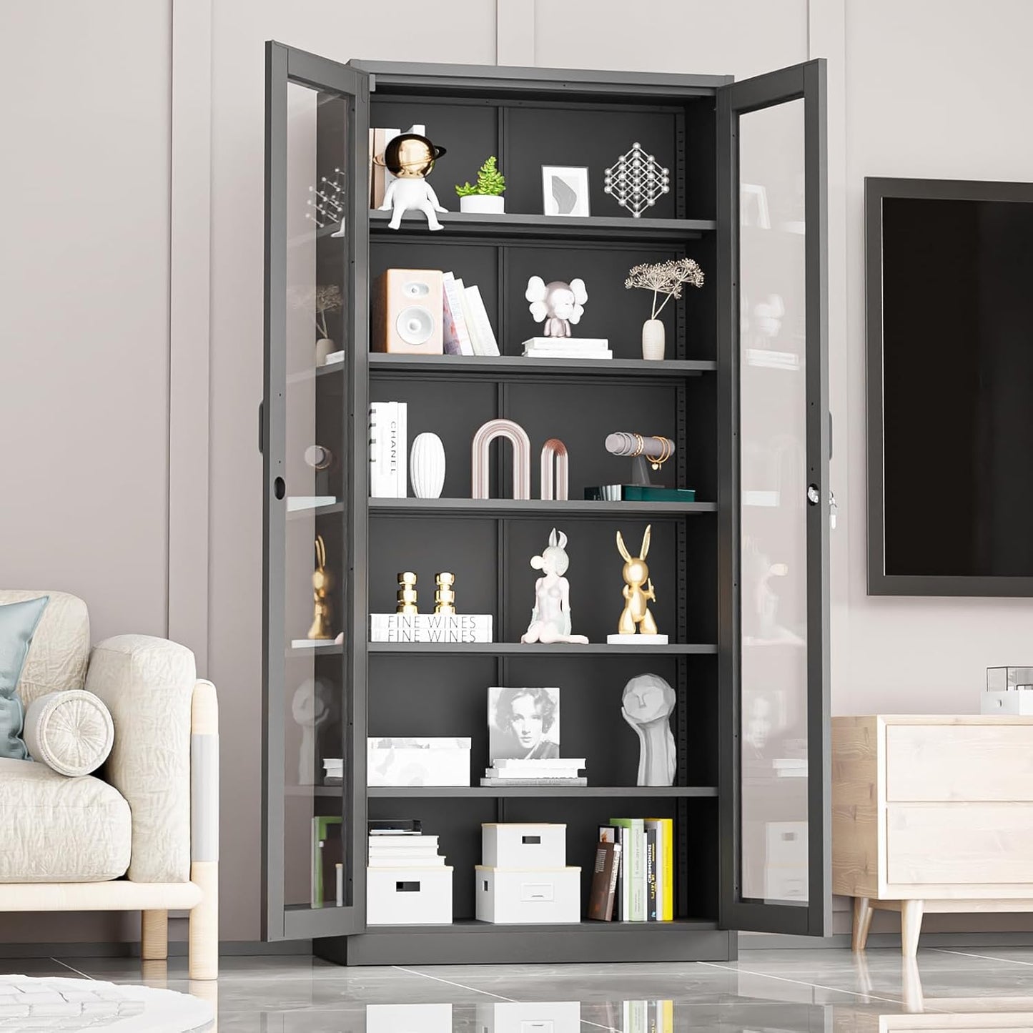 VINGLI Lockable Display Cabinet with Glass Doors & 5 Adjustable Shelves, 71" Tall Black Metal Storage Cabinet Curio Liquor, Bookshelf Bookcase for Home Office Living Room Pantry Garage