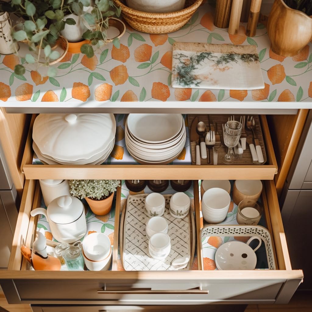 18" W x 96" L Floral Drawer and Shelf Liner for Cabinets, Non-Adhesive Strong Grip Non-Slip Flower Shelf Cabinet Kitchen Shelf Liners for Kitchen Cabinets