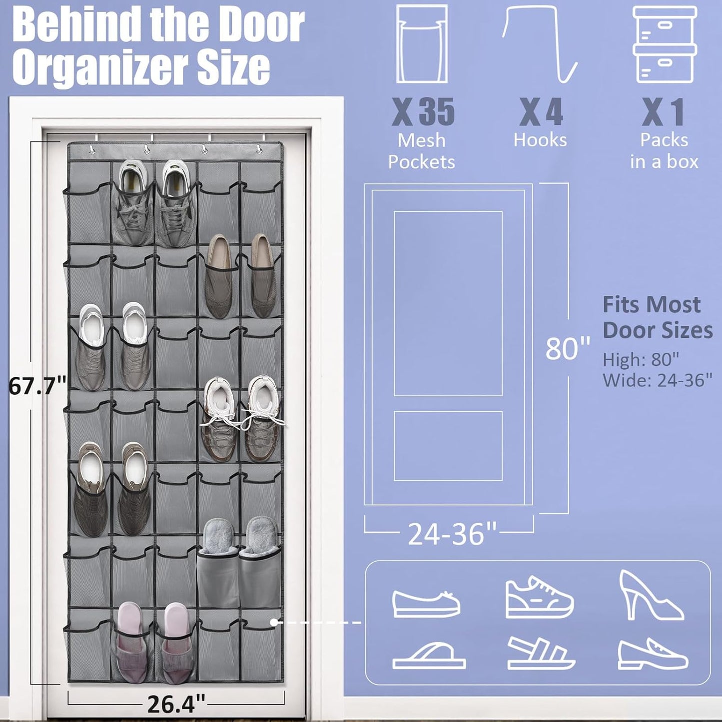 Over the Door Shoe Organizers 35 Mesh Pockets Hanging Shoe Organizer Shoe Rack for Closet Entryway Bedroom Bathroom Pantry Shoe Holder for Sneakers, High Heeled Shoes, Flip Flops (Gray 67.7” × 26.4”)