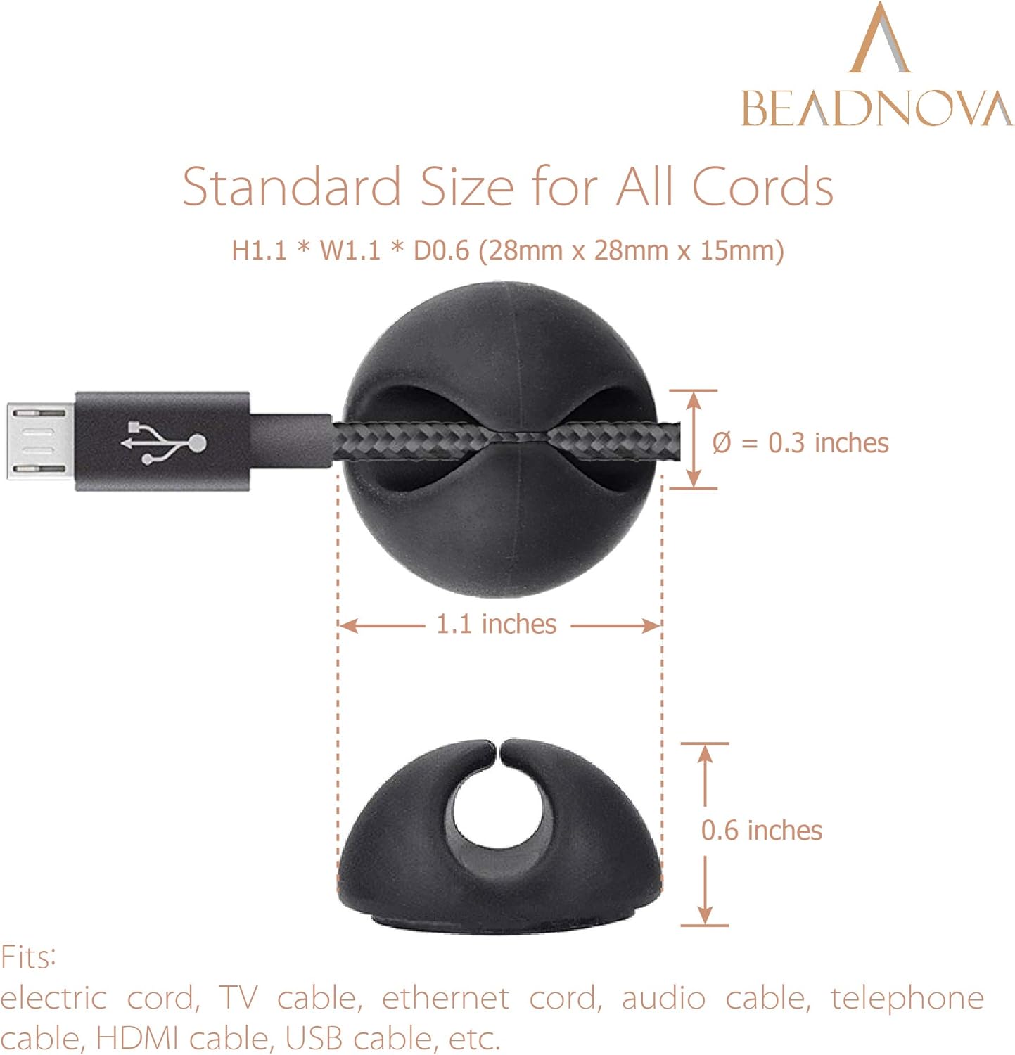 BEADNOVA Cable Clips Cord Organizer Cable Management Wire Cord Holder 1 Slots Adhesive Wire Holder for Car Charging Accessory PC Office Home (Black, 8 pcs)