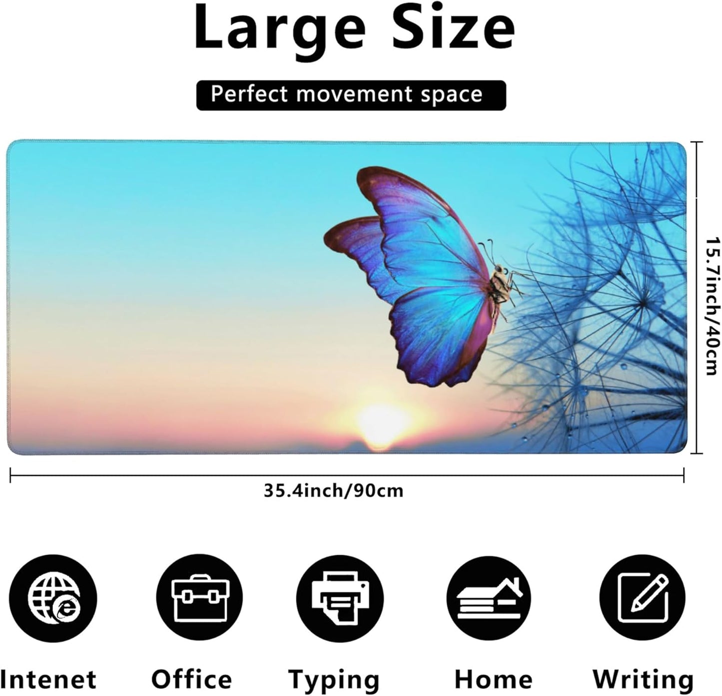 Gaming Mouse Mat Morpho Butterfly and Dandelion Large Mouse Pad Extended Mouse Pad Desk Mat Non-Slip Rubber Base Mice Pad Desk Pad for Office Game Home 35.4x15.75 in