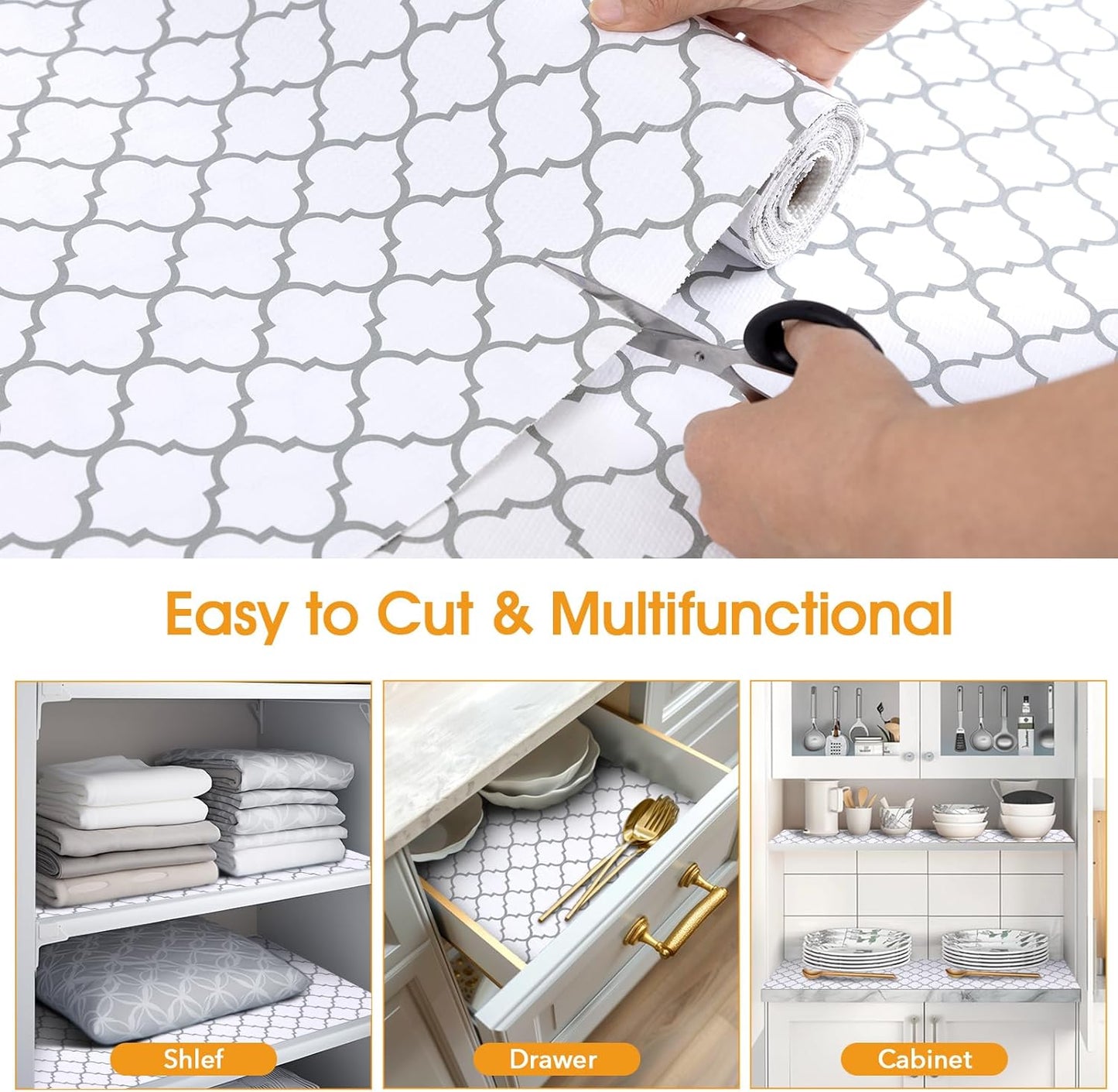 Shelf and Drawer Liner for Kitchen Cabinets Non-Adhesive, Strong Grip Non-Slip Thickened Cabinet Liners for Shelves, Waterproof Mats for Dresser Cupboard, White/Gray, 12 in x 10 Feet