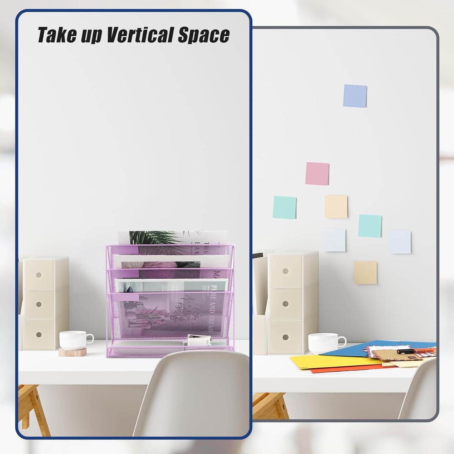 EASEPRES Desk File Organizer Mesh 4-Tier, Hanging Wall Mount Document Organization Stand, Desktop Vertical Mail Paper Folder Holder Rack with Bottom Tray for Office Home Cubicle, Light Purple