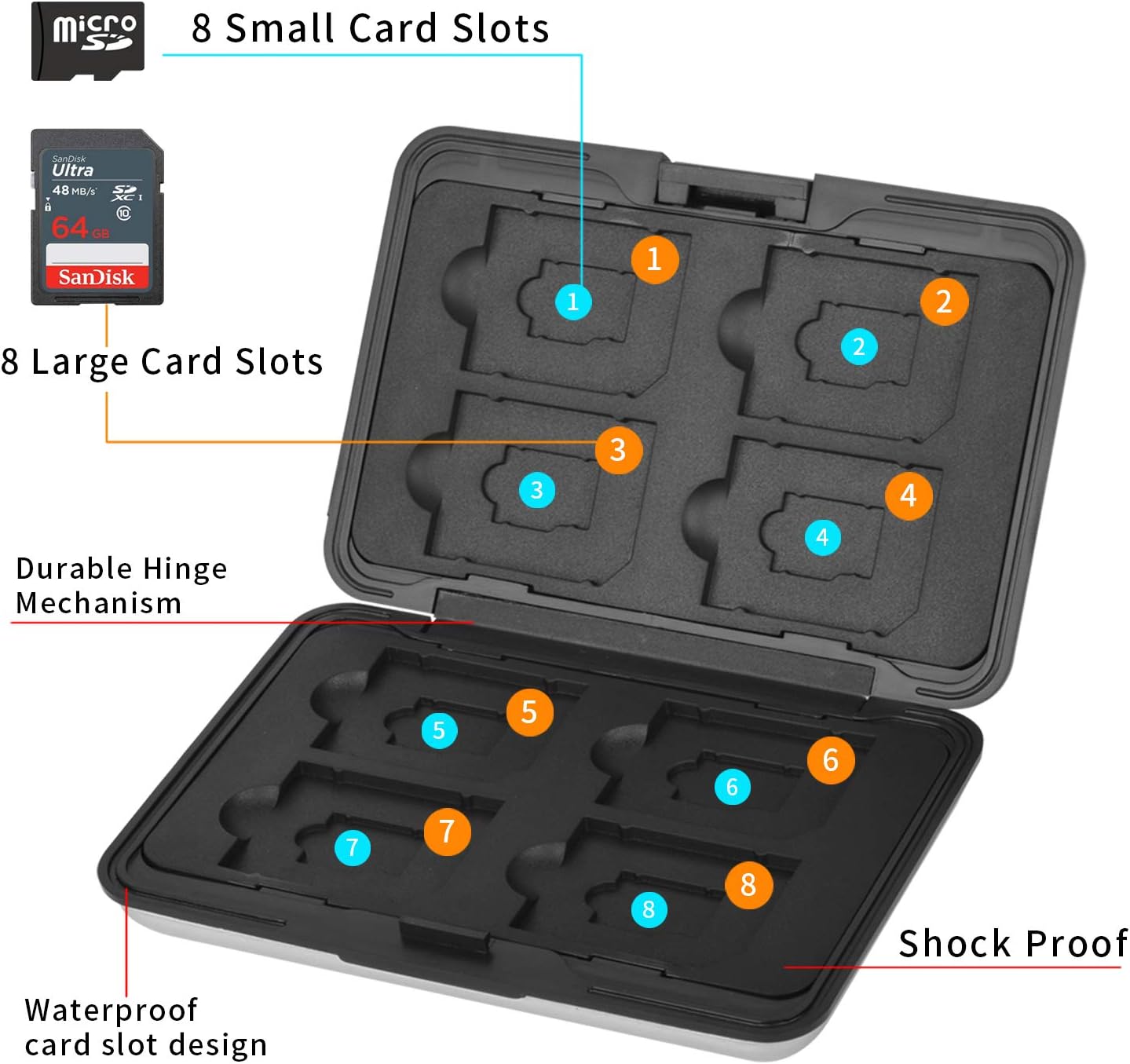 Aluminum Shock Resistant Carrying Box Memory Card Storage Case Holder 8 Slots for SD SDHC MMC Micro SD TF Cards Silver