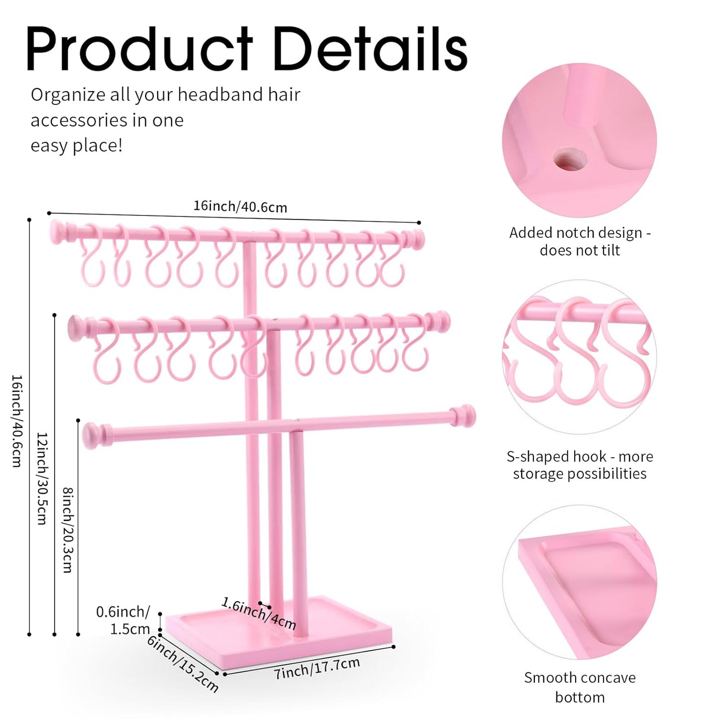 POVETIRE Headband Holder Stand Storage for Baby, 3 Tier Wooden Bow Organizer for Girls Hair Bows, Infant Hair Accessories Rack Display for Nursery Decor