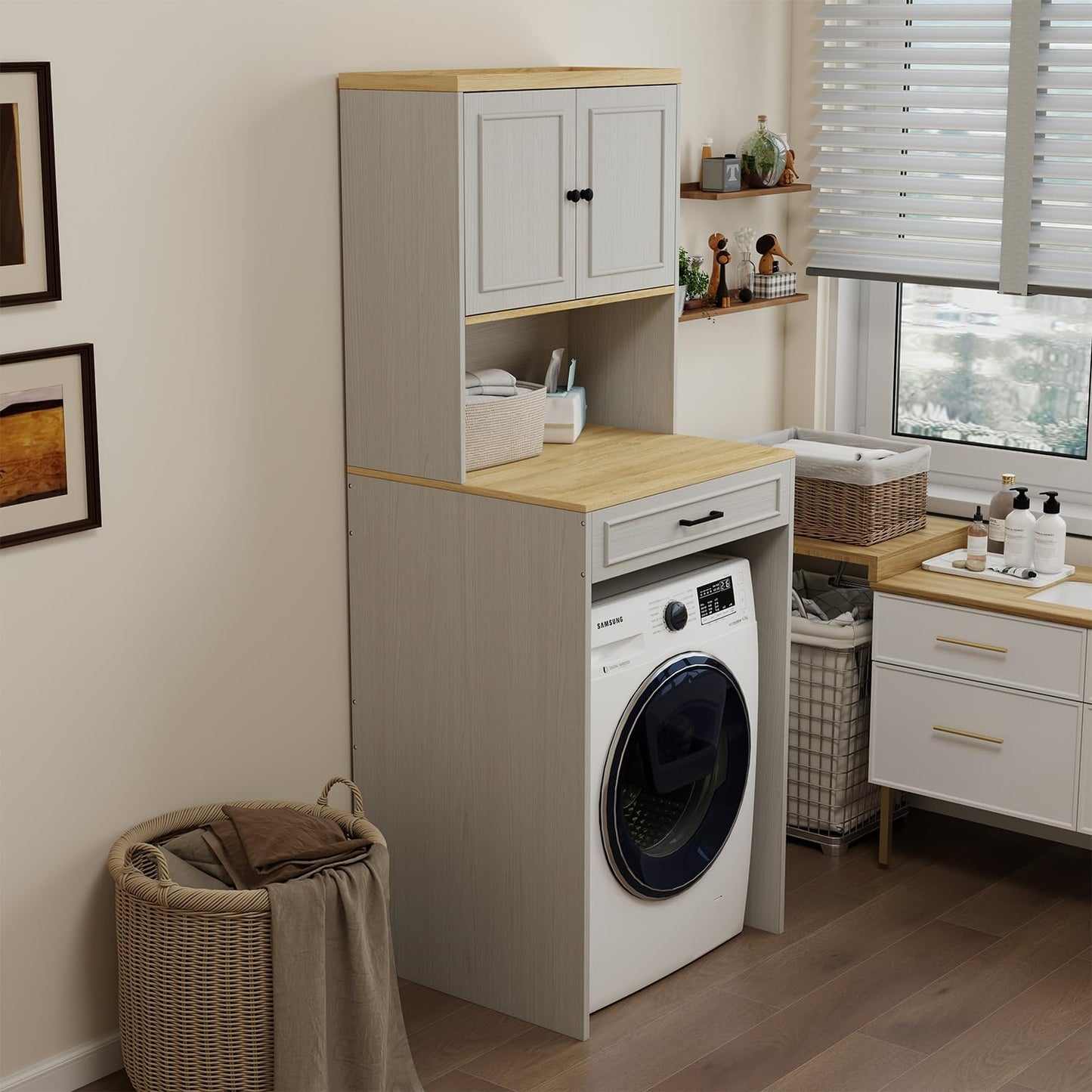 Washer Dryer Countertop with Shelf, Over The Washer or Dryer Storage Shelves Cabinet, Laundry Room Storage and Organization, Compact Washing Machines with a Width of Less Than 27 inches