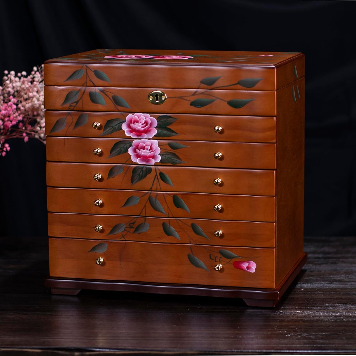 Hand-Painted Wooden Jewelry boxes for women,large jewlrey box&organizers for necklace hanger,jewerly organizer,9-layer large capacity jewelry storage box,jewelry cabinet