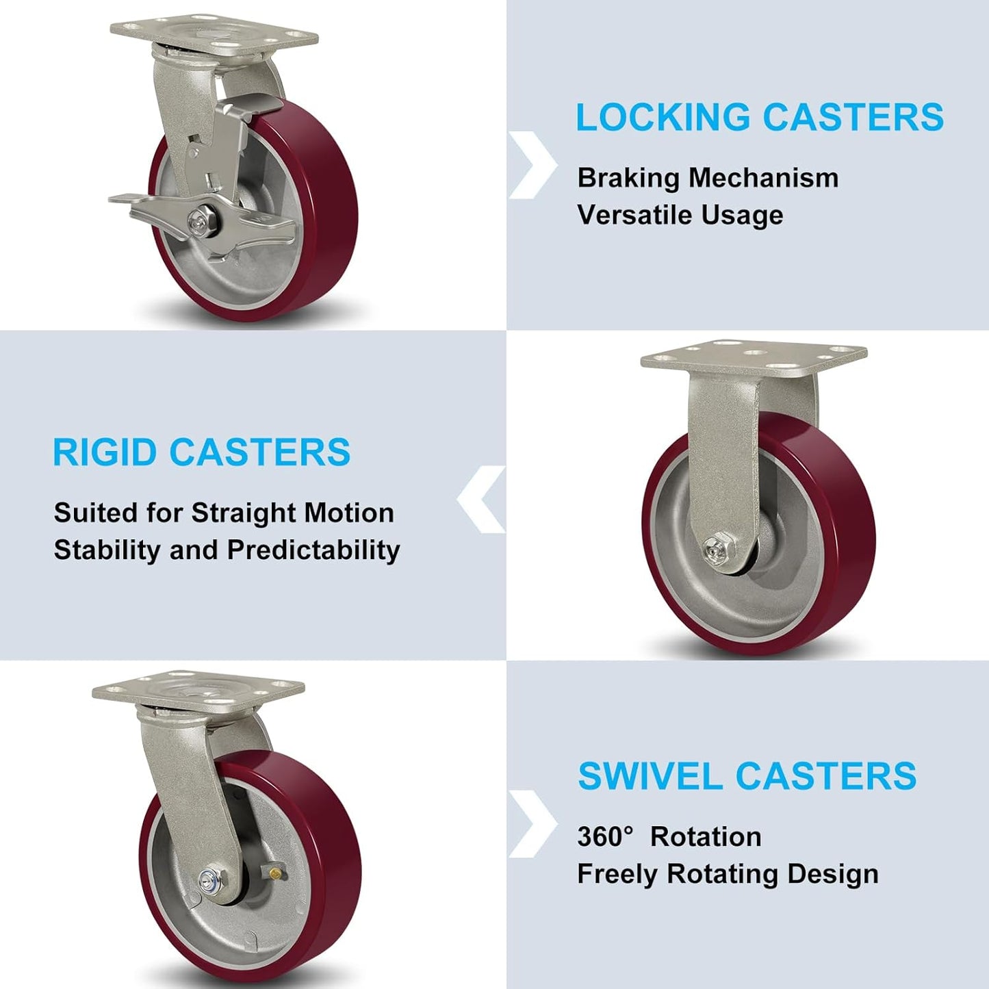 SY America 6" X 2" Casters Wheels,Heavy Duty Industrial Casters，Polyurethane on Aluminum Wheels,1 Swivel Casters,1300 LBS Load Capacity