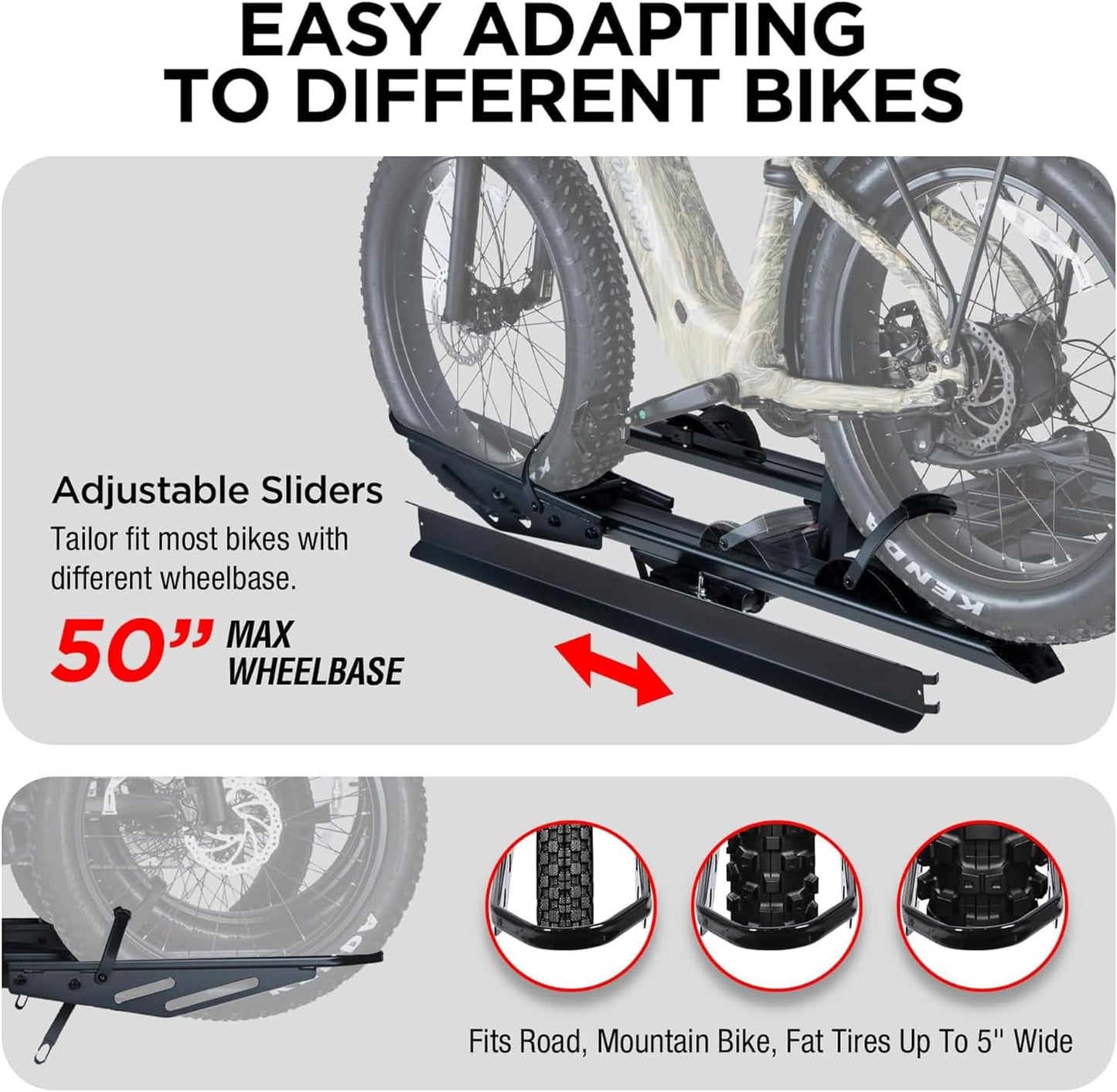 RokRack T One Foldable 3-Ebike Rack with Ramp, 250 lbs Capacity, Hitch Mount Electric Bike Rack, Fits up to 5" Fat Tire Width and 50" Wheelbase, Ebike Carrier Rack for 2" Receiver for Cars SUVs Vans