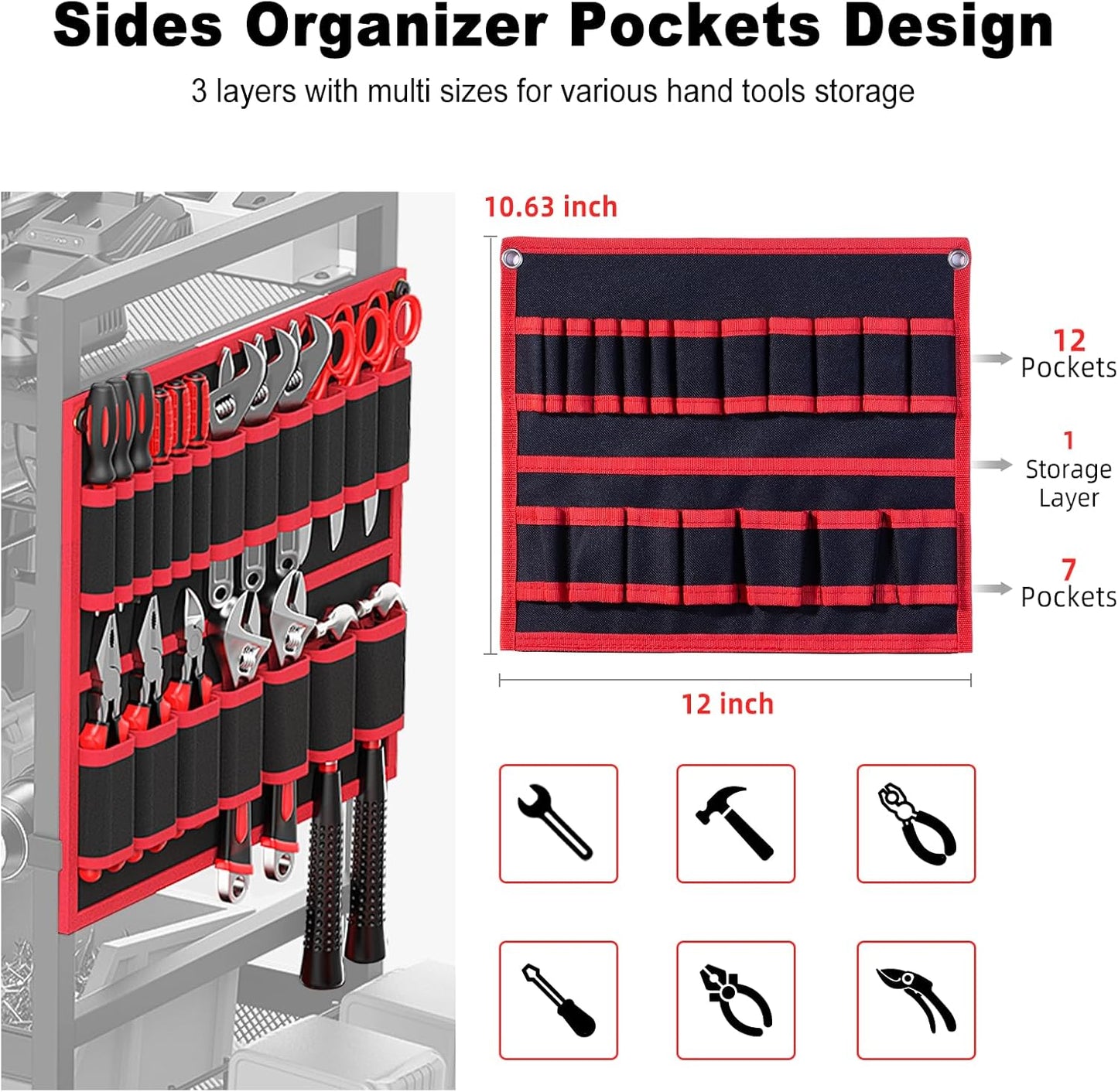 JUNNUJ Garage Large Power Tool Organizer Cart with 20A Charing Station, Heavy Duty Drill and Tools Battery Holder Storage Rack, Floor Standing Rolling Tool Cart on Wheels, Red