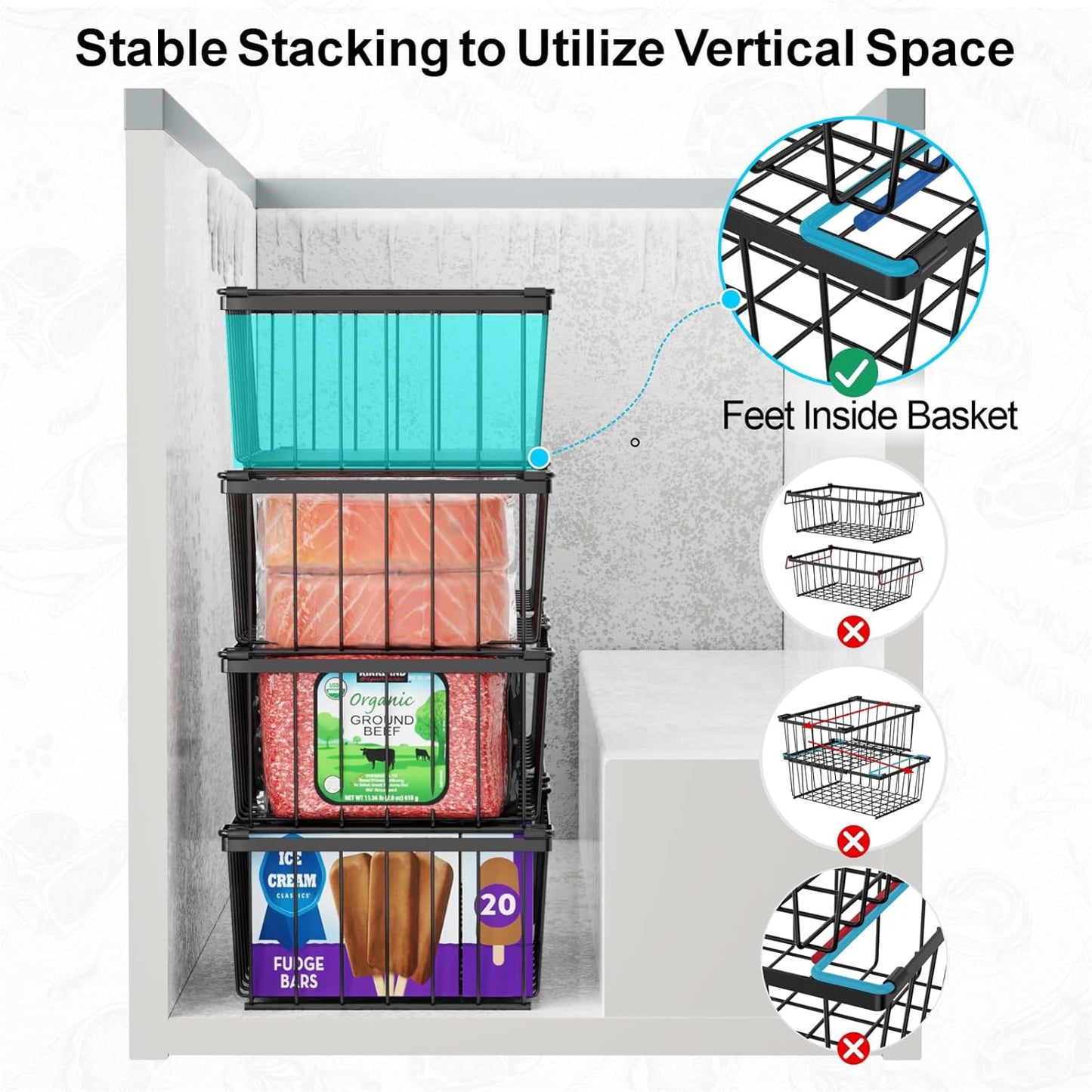 iSPECLE Chest Freezer Organizer - 3 Pack Stackable Deep Freezer Organizer Bins for 5 Cu Ft Freezer Sort Frozen Food, Freezer Organizer Bins Get Food Easily with Handle Add Storage Space, Black