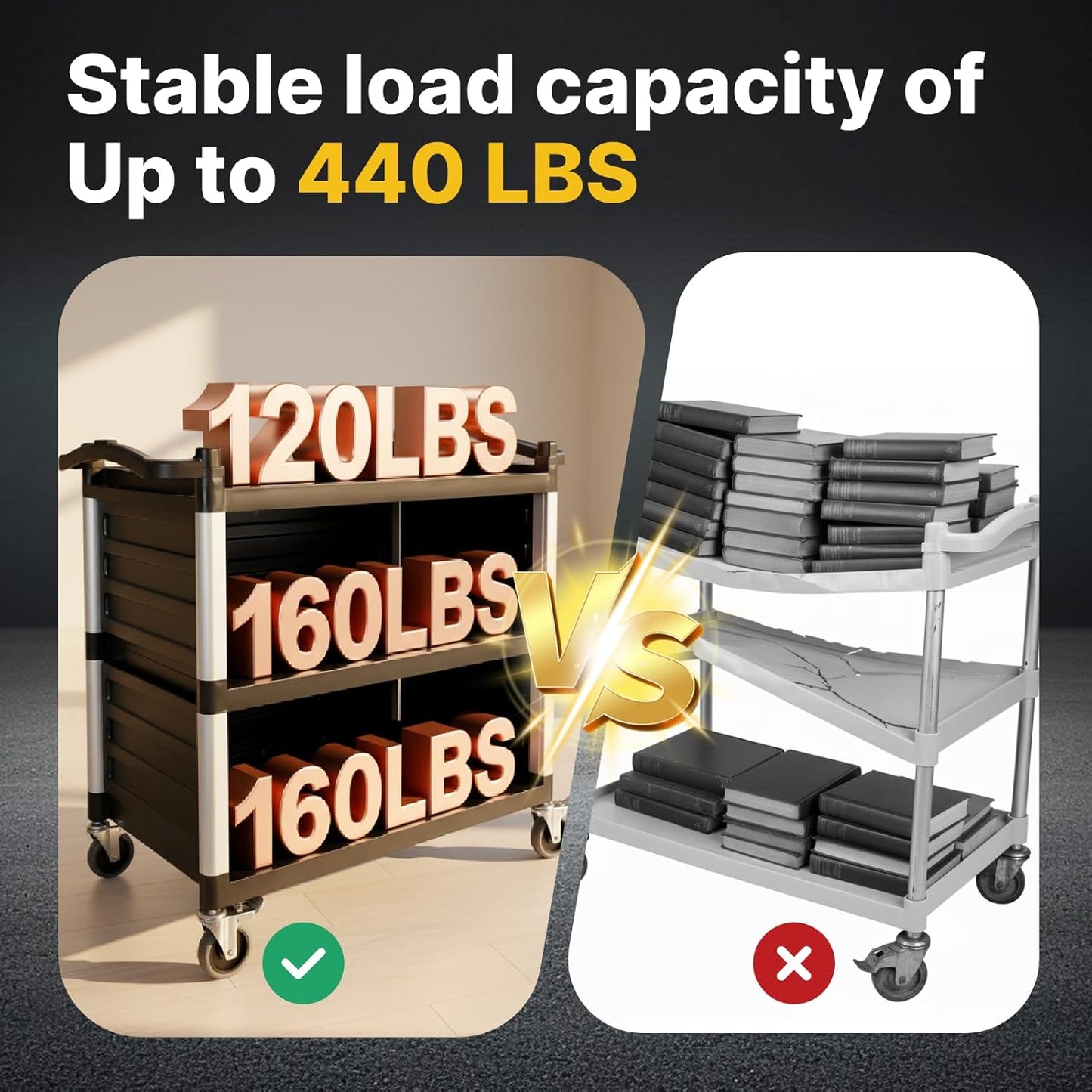 NorthSky Select Dual-Handle Utility Service Cart, 3 Shelves, 440 lb. Capacity -Black Plastic Shelves, Lockable Swivel Casters - Suitable for Hospital, Lab, Hotel, Office Transport & Organizing
