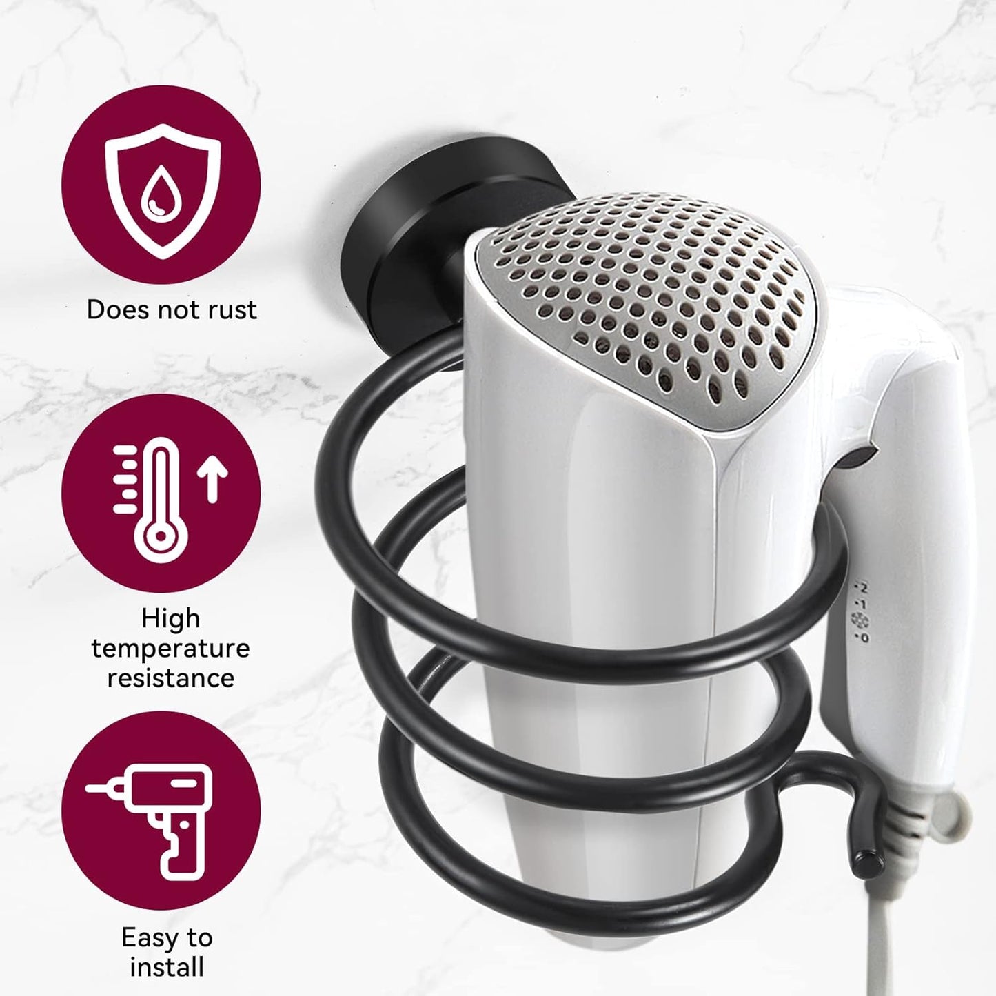 YUET Hair Dryer Holder Hairdryer Station Wall Mounted Stand Hanger Rack Blow Spiral Aluminum Construction Black Painted Shelf Storage for Bathroom Shower Room
