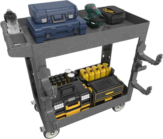 34"*17" Heavy Duty Utility Cart, 2 Shelf Plastic Rolling Cart Tool Cart with Ergonomic Handle 5" Swivel Casters 4 Hooks 1000lbs Capacity for Garage, Warehouse, Cleaning