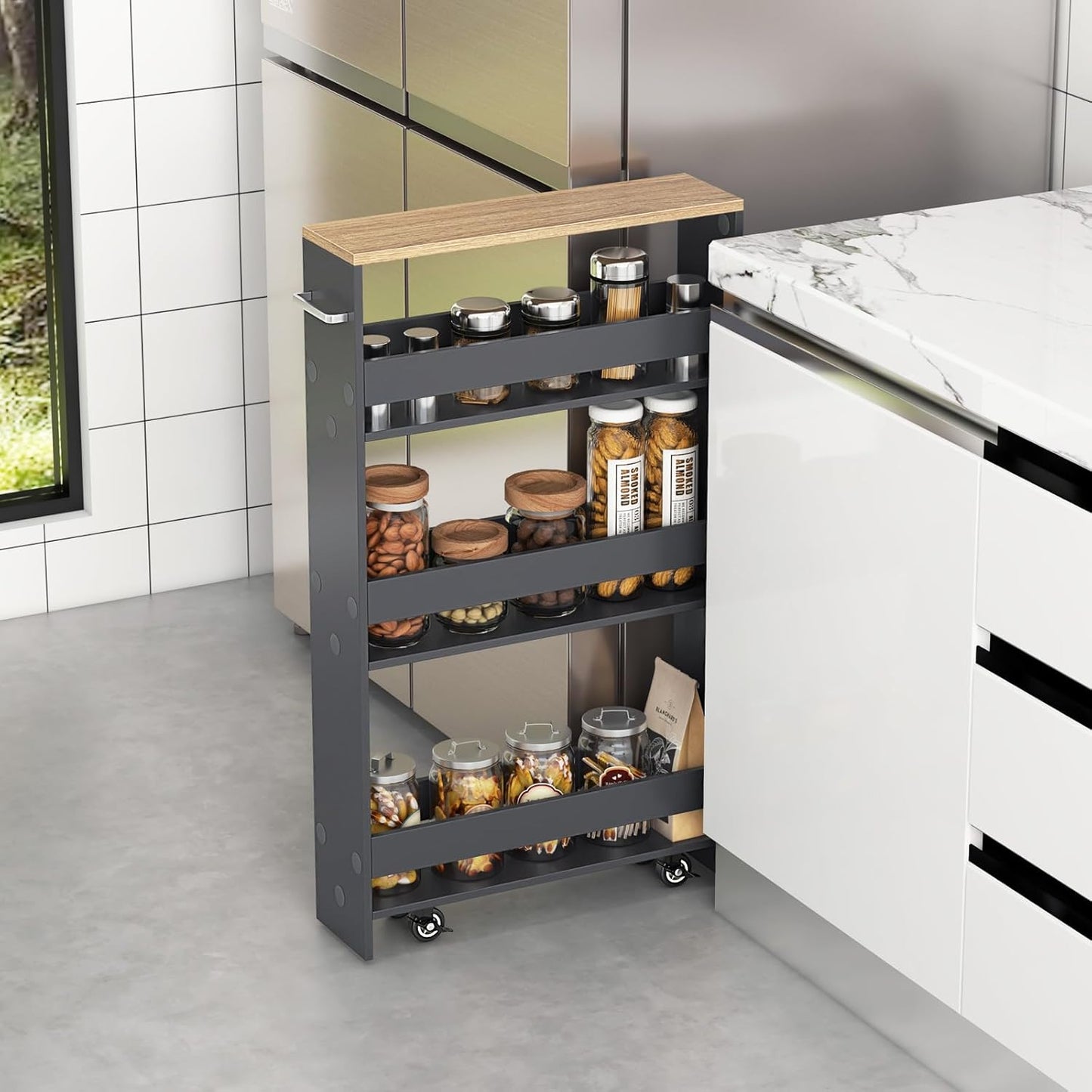 MAT EXPERT Slim Rolling Storage Cart, 4-Tier Freestanding Slim Storage Cart with Wheels 360 Degree & Metal Handle, Wooden Utility Cart for Narrow Kitchen, Laundry Room, Bathroom (Grey + Natural)