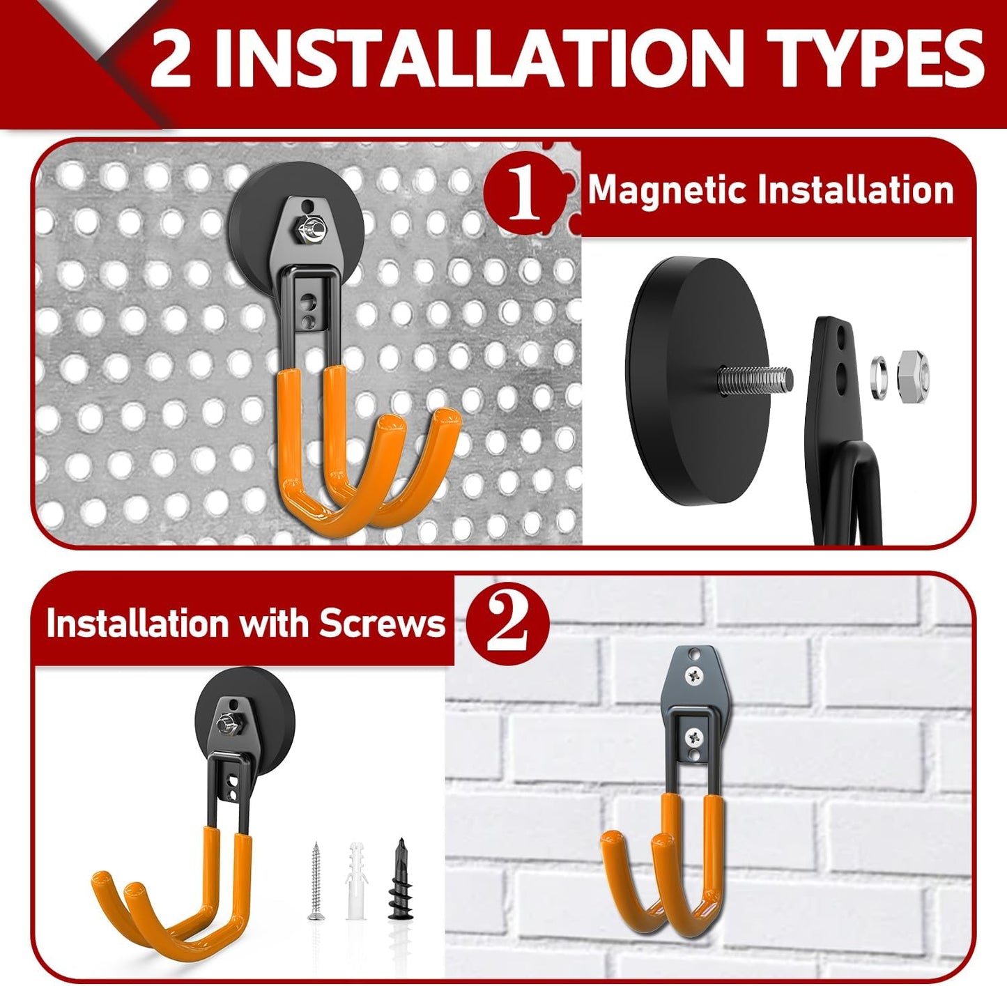 3-H Heavy Duty Magnet Garage Hooks 4 Pack, J Shape Strong Magnetic Hooks for Hanging Cordless Power Drill, Utility Magnetic Tool Holder for Metal Cabinet, Steel Pegboard, Toolbox, Garage(Orange)