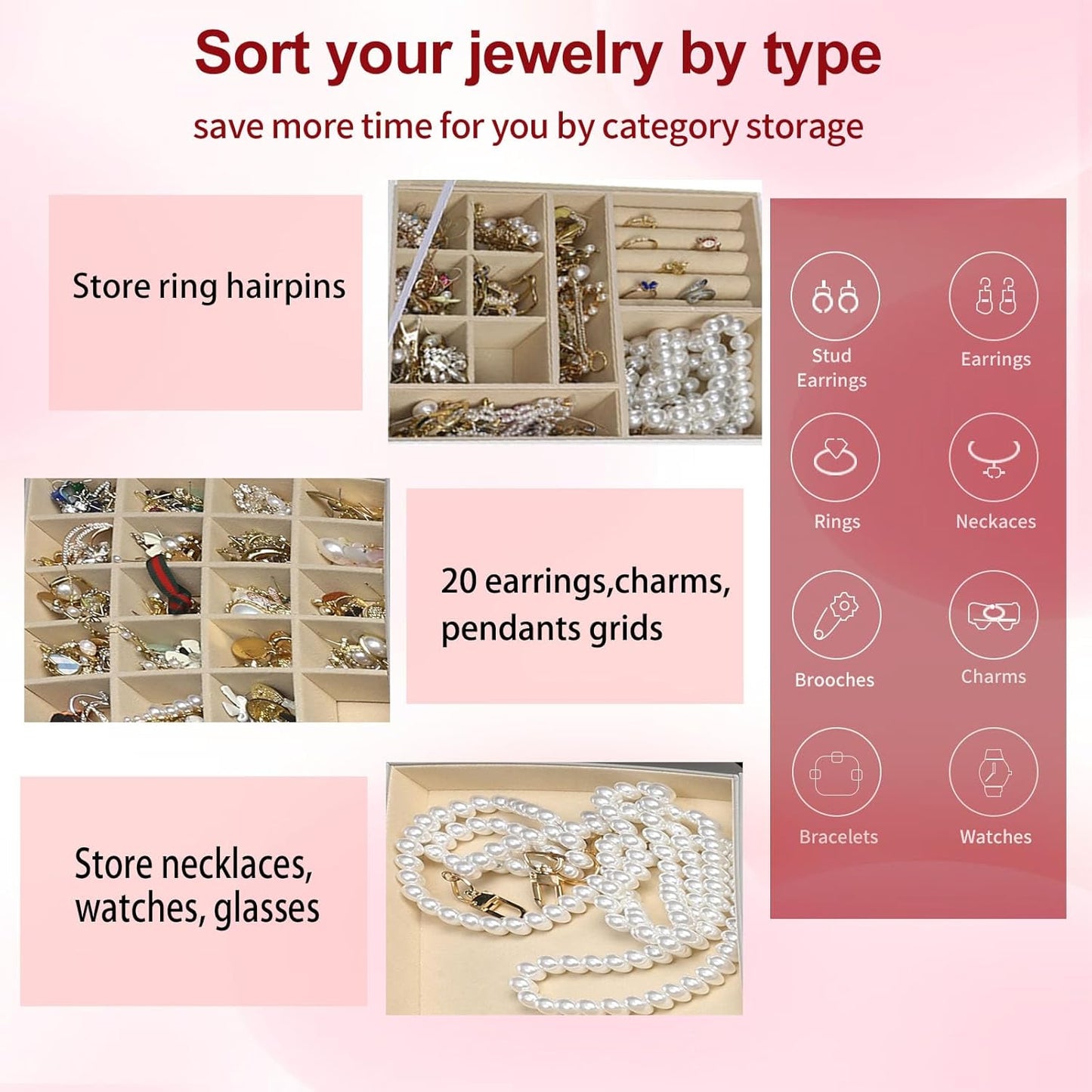 BOOVO Clear Lid Jewelry Box,3 Layers Jewelry Organizer Large Multi-Functional Jewelry Storage Box with 2 Drawers,Jewelry Display Case of Rings Earrings Necklace Bracelets for Women Girls (Grey)