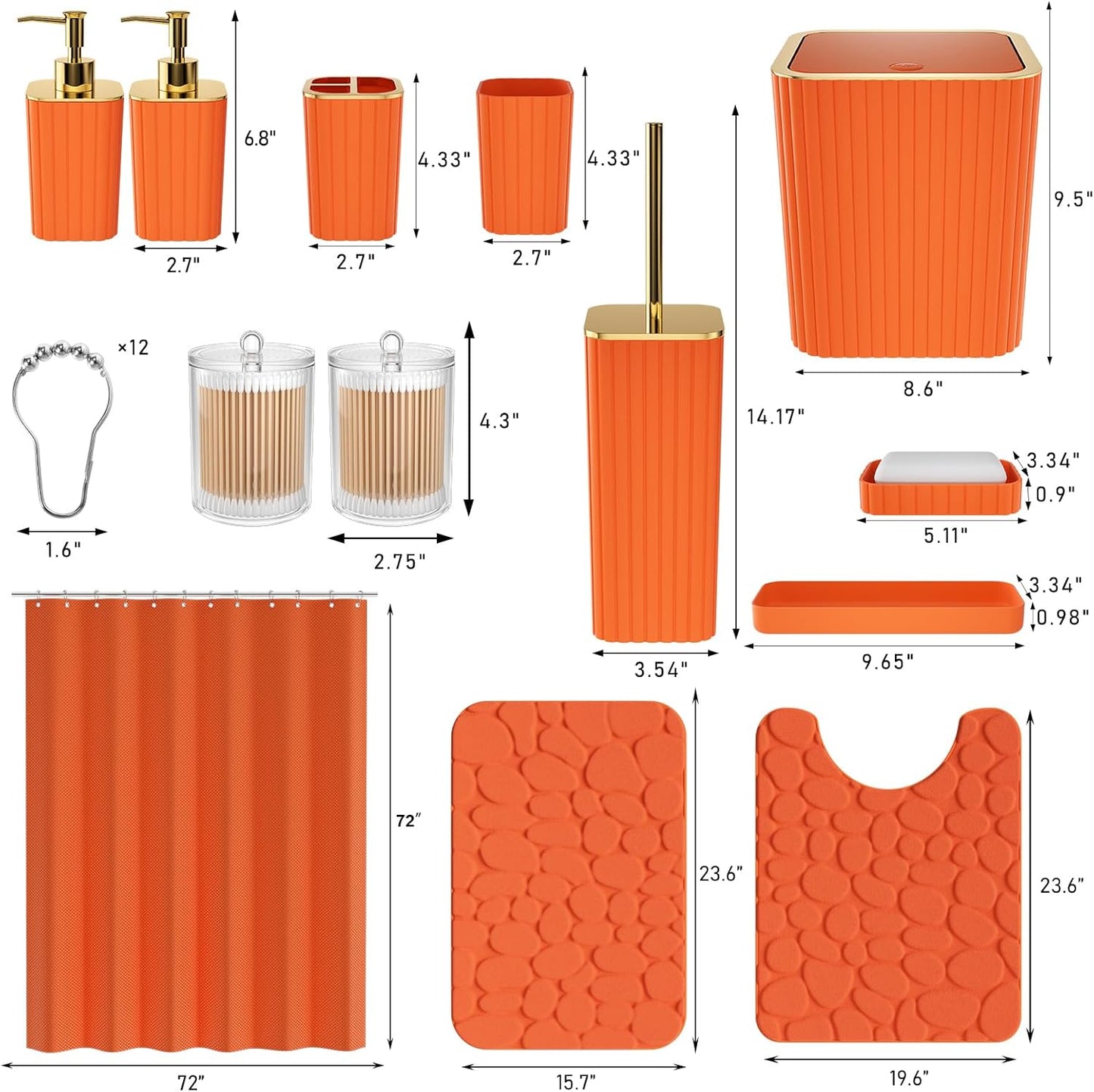 Bathroom Accessories Set - 25PC Bathroom Sets with Shower Curtain and Rugs, Orange Bathroom Accessories with Trash Can, Soap Dispenser, Soap Dish & Toilet Brush