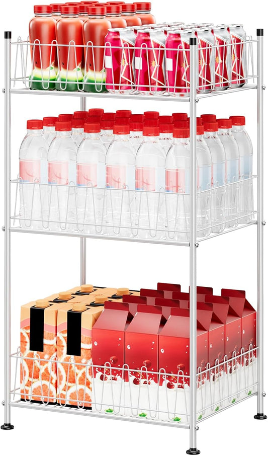 ETELI Water Bottle Storage Organizer 3 Tier Freestanding Water Bottle Holder Rack Stand Metal Drink Soda Can Organizer Beverage Shelf for Floor Pantry Kitchen Food Storage, Silver