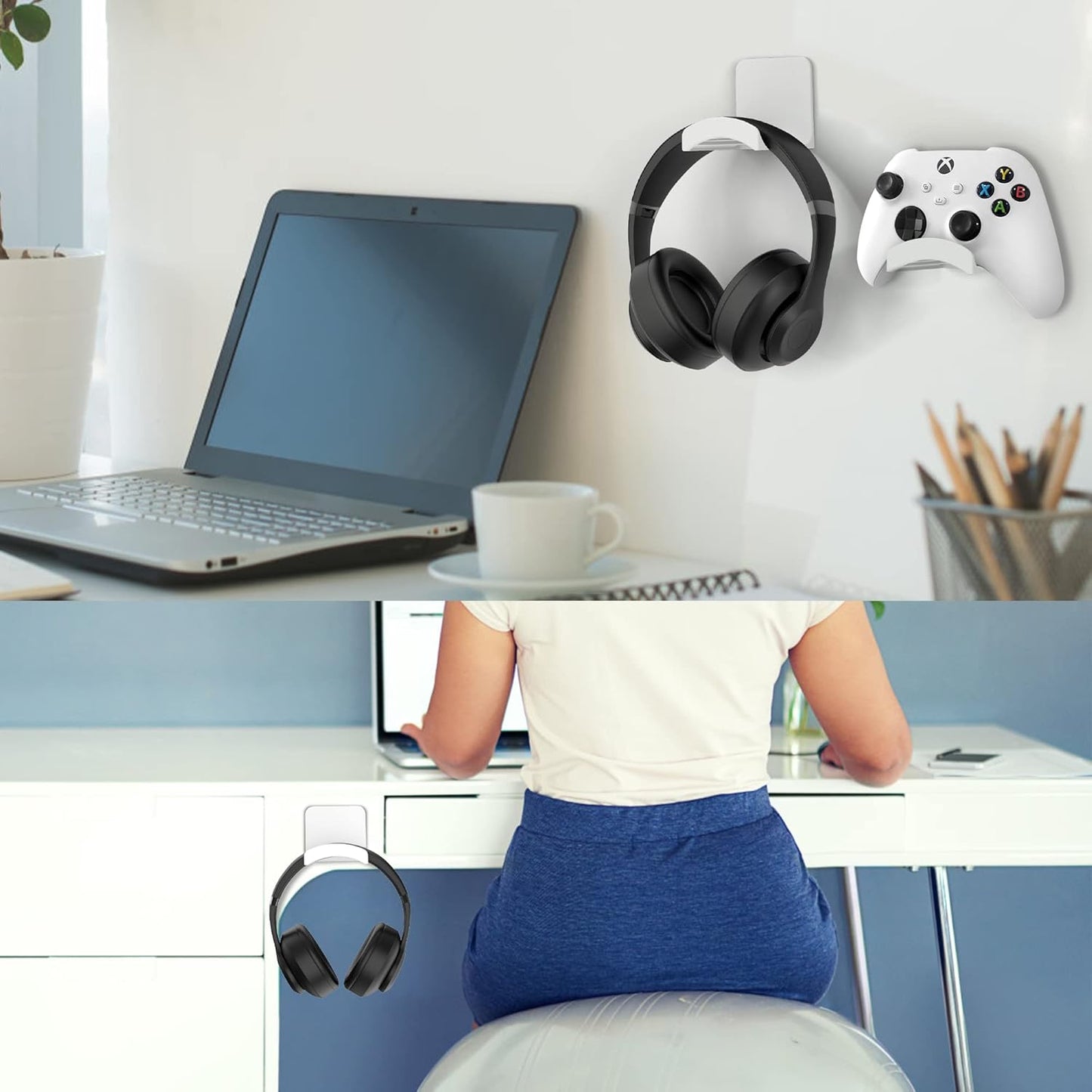 HomeMount Headphone Stand Headset Holder - Adhesive Gaming Headphone Hanger Hook Desk Mount for Most Headphone & Controller (White)