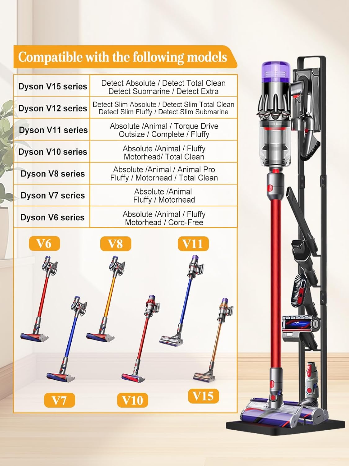 Haturi Vacuum Stand for Dyson V15 V12 V11 V10 V8 V7 V6, Metal Storage Holder for Cordless Vacuum & Accessories, Compatible with DC30 DC31 DC34 DC35 DC58 DC59 DC62 DC74, Black
