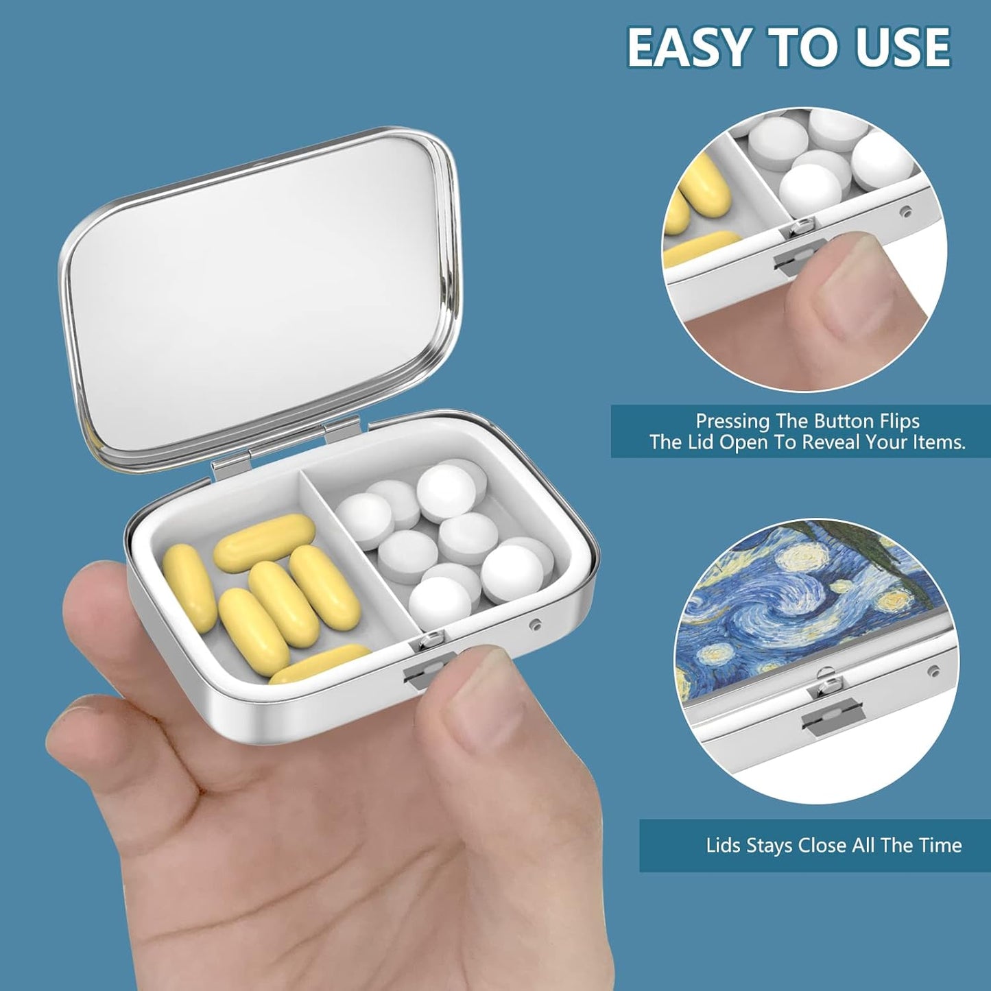 Pill Box 2 Compartment Medicine Pill Case,Portable for Pocket or Purse Pill Box Decorative Metal Medicine Vitamin Organizer Unique Gift（Bule Marble）