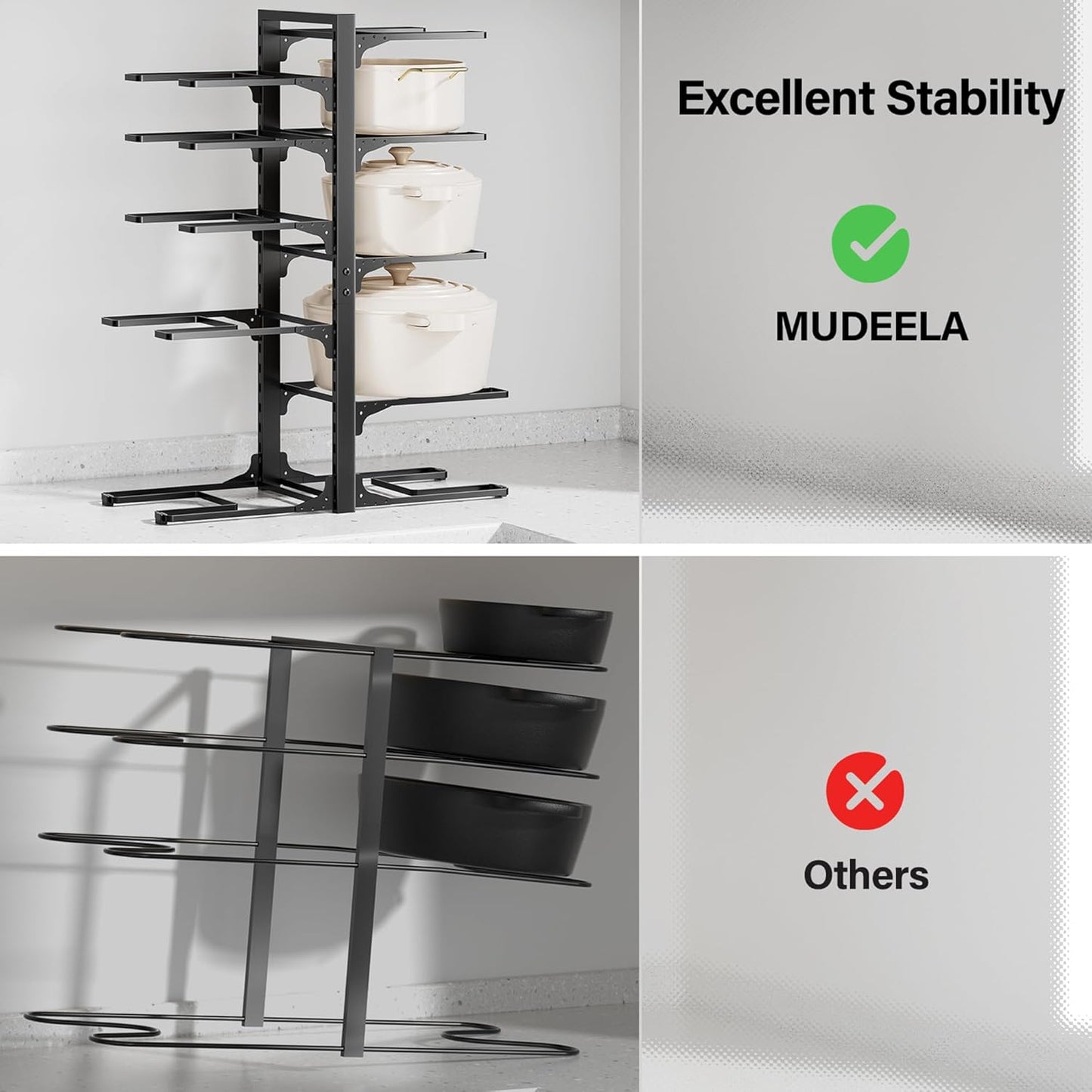 MUDEELA 10-Tier Pots and Pans Organizer under Cabinet, 23.62" Height Heavy Duty Pot and Pan Organizer Kitchen Cabinet Organization and Storage, Adjustable Pot Rack for Frying Pan, Cast Iron Skillet