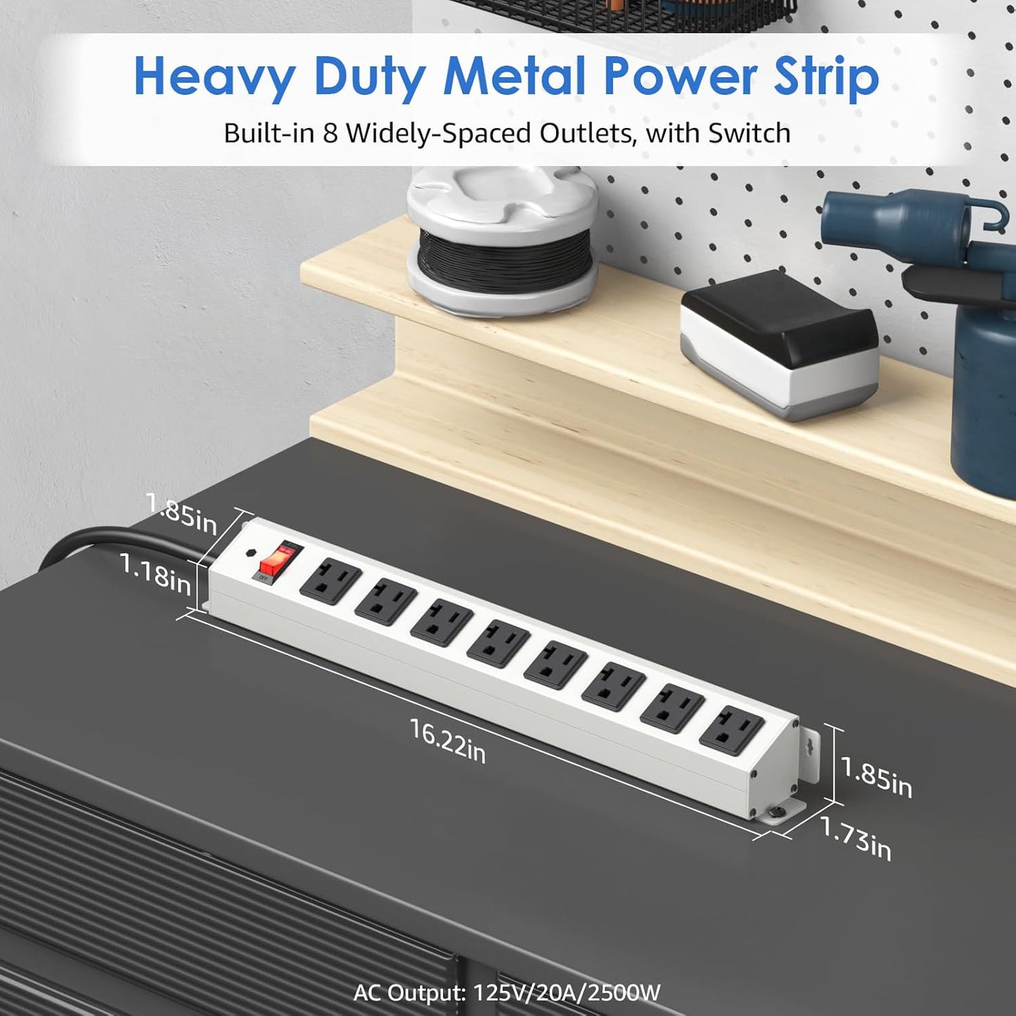 CCCEI Corner Mount Angle Power Strip, Under Cabinet Heavy Duty 8 Outlets Power Strip 20Amp, Metal Underneath Desk Plug Surge Protector, Wall Mountable, for Garage, Shop, Kitchen. 10FT Extension Cord.