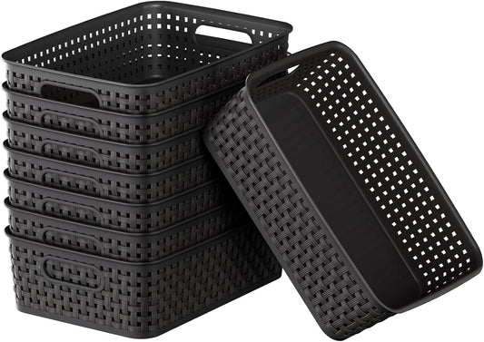 Black Plastic Basket, 8 Pack Home Organization and Storage Baskets with Handles, Space Saving Woven Organizer Bins Plastic Storage Basket for Organizing Cabinets,Closets, Shelves, Countertops