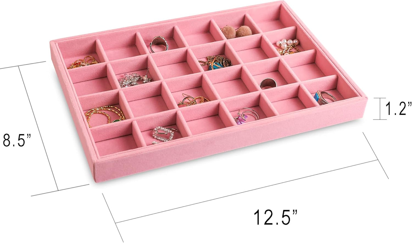 Frebeauty Stackable Velvet Jewelry Organizer Trays for Drawers Inserts Jewelry Storage Tray Display Case, Stud Earrings Bracelets Necklace Rings Accessories Trays for Women(Set of 4)(Pink)