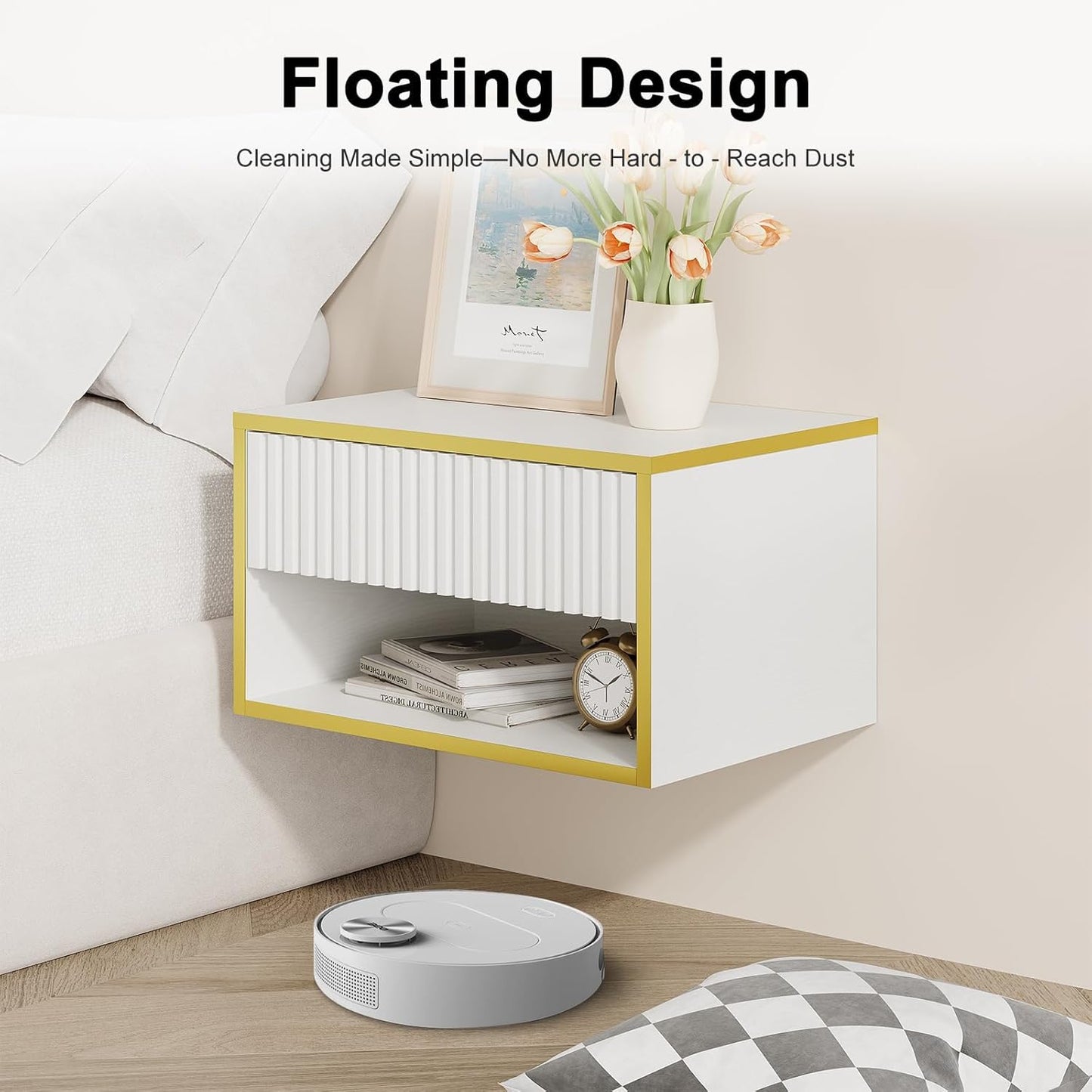 4ever2buy Floating Nightstand Set of 2, Modern Wall Mounted Nightstand with Open Shelf and Fluted Drawer, White and Gold Night Stand for Bedroom, White