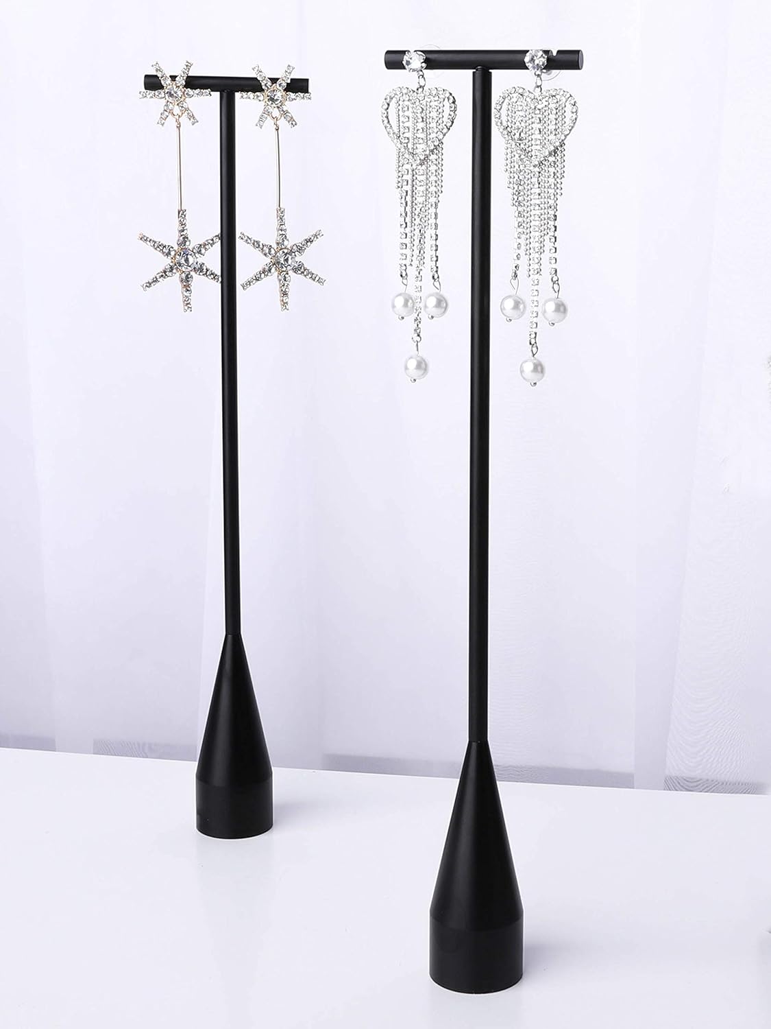 GemeShou 2pcs Black earring display T bar stand, Big jewelry earring holders for Boutique Store, Jewelry holders high enough for long earring necklace【Black-2pcs Height 7.9" and 11"】