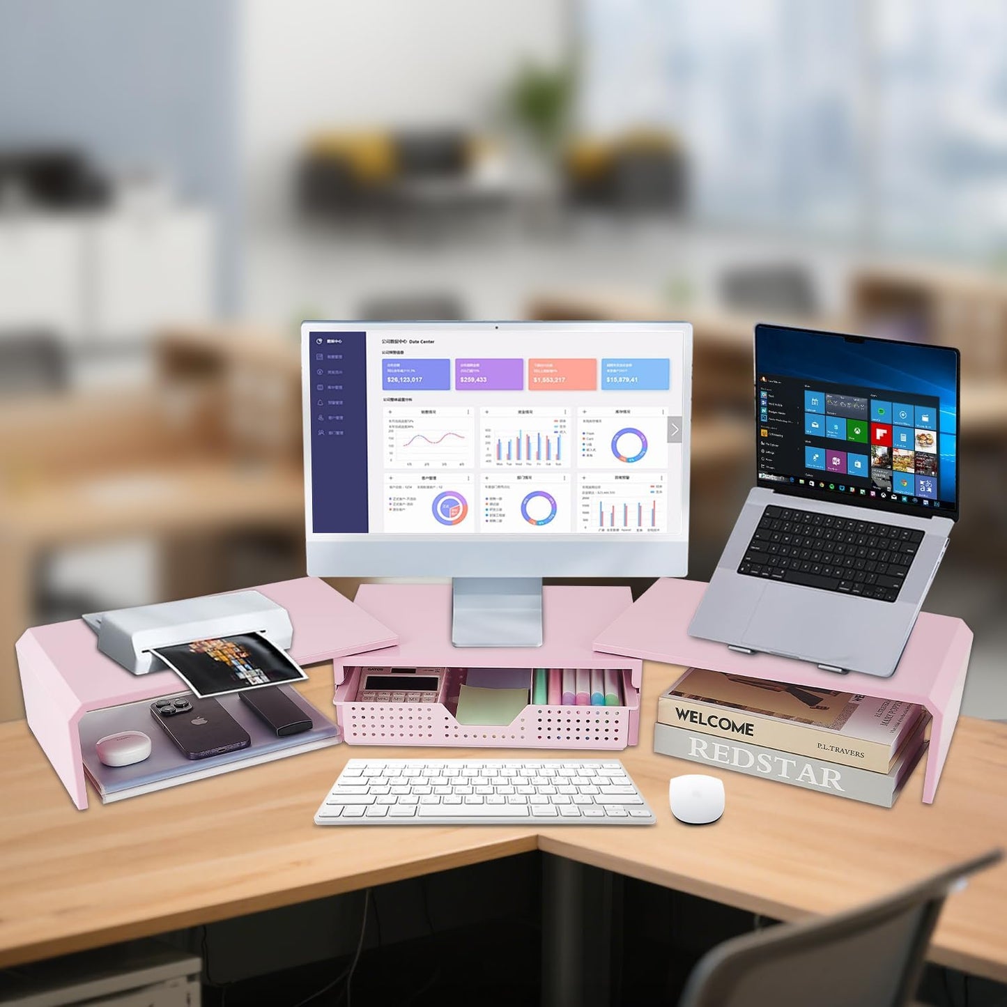 Dual Monitor Stand Riser with Drawer, Desk Organizer and Accessories, Pink Monitor Stand for Desk, Desktop Stand for Computer, Laptop, TV and More (Pink)
